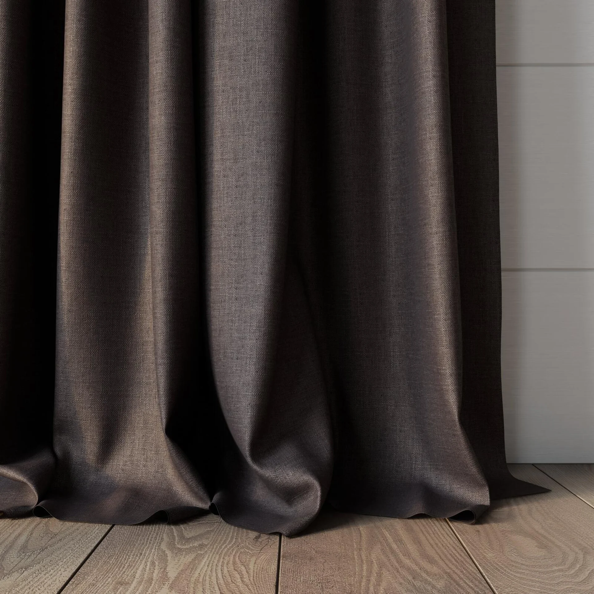 Bottom view of Frisco Anthracite, puddled, on curtain rod