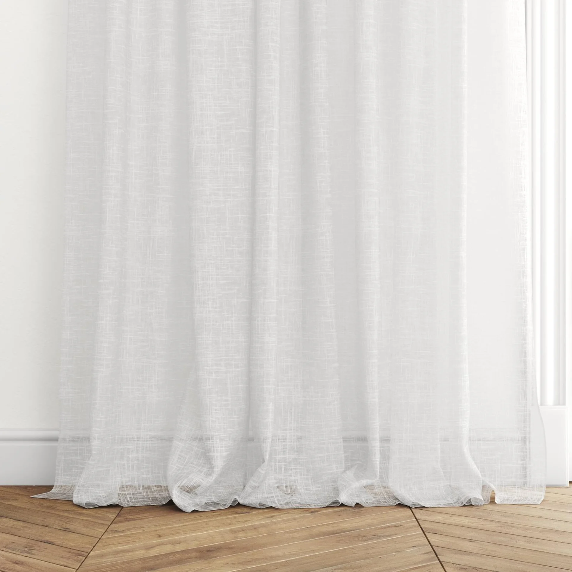 Bottom view of Beech Whitewash, puddled with pinch pleat, on curtain rod