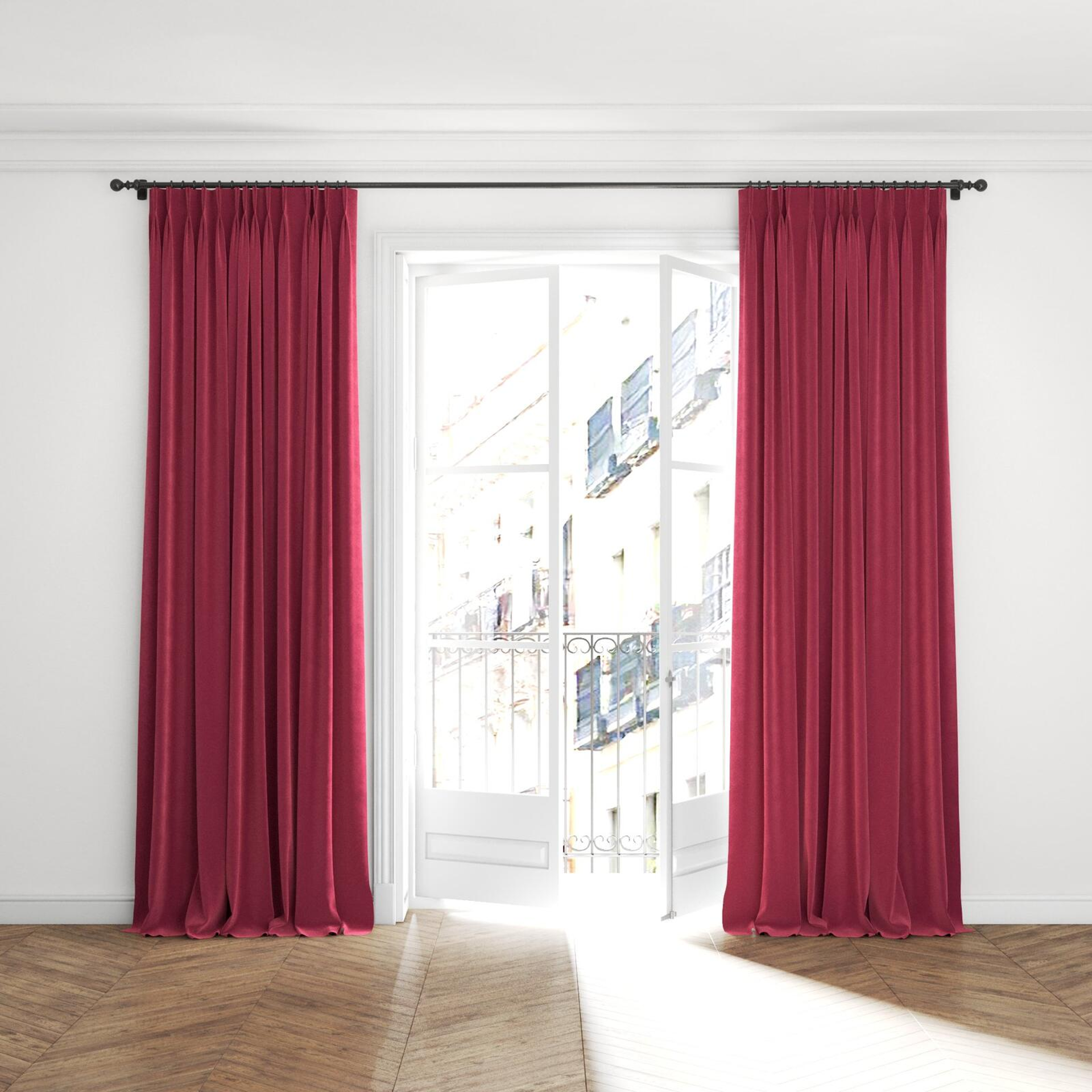 Full view of Moon Vino, puddled with pinch pleat, on curtain rod