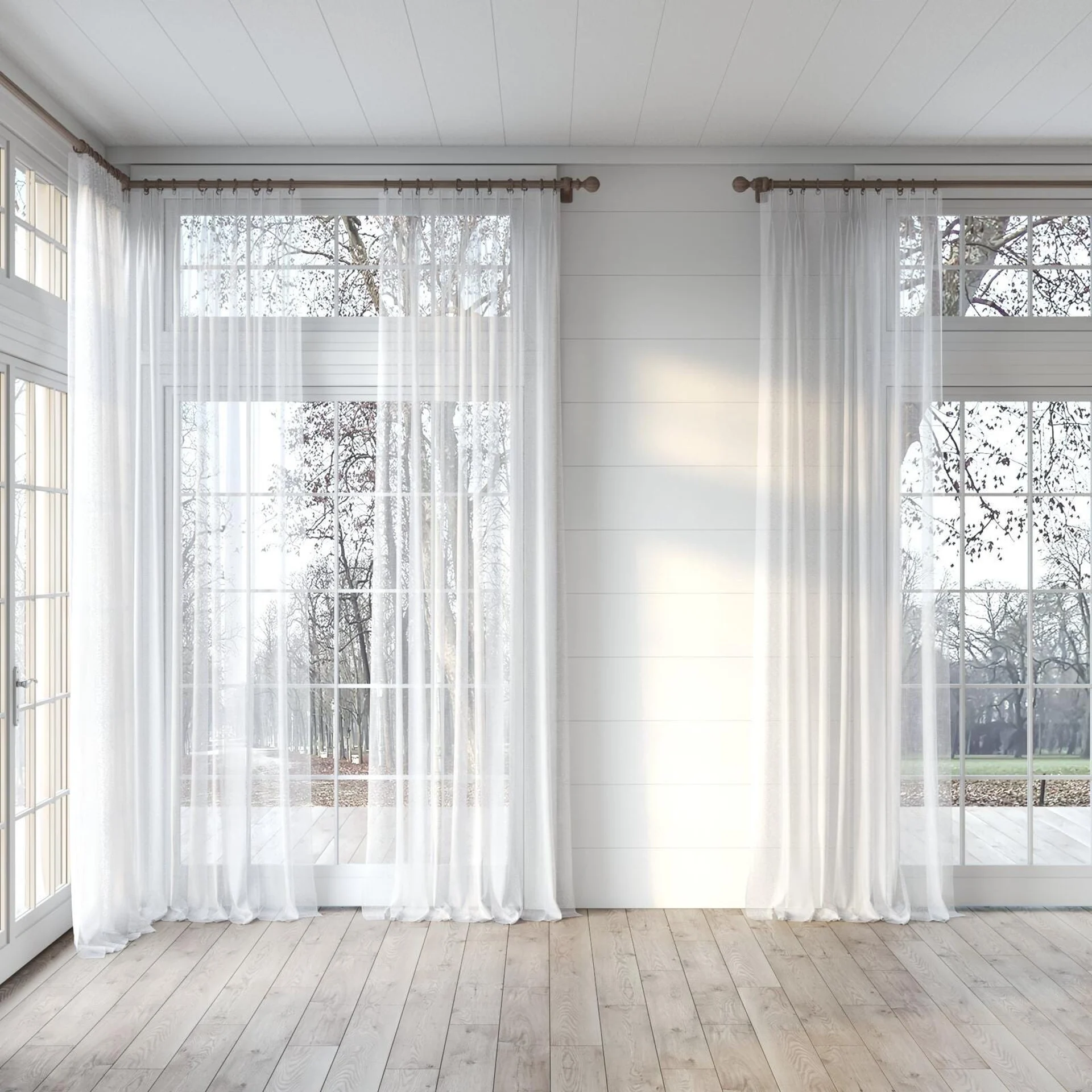Full view of Attica Natural, puddled, on curtain rod