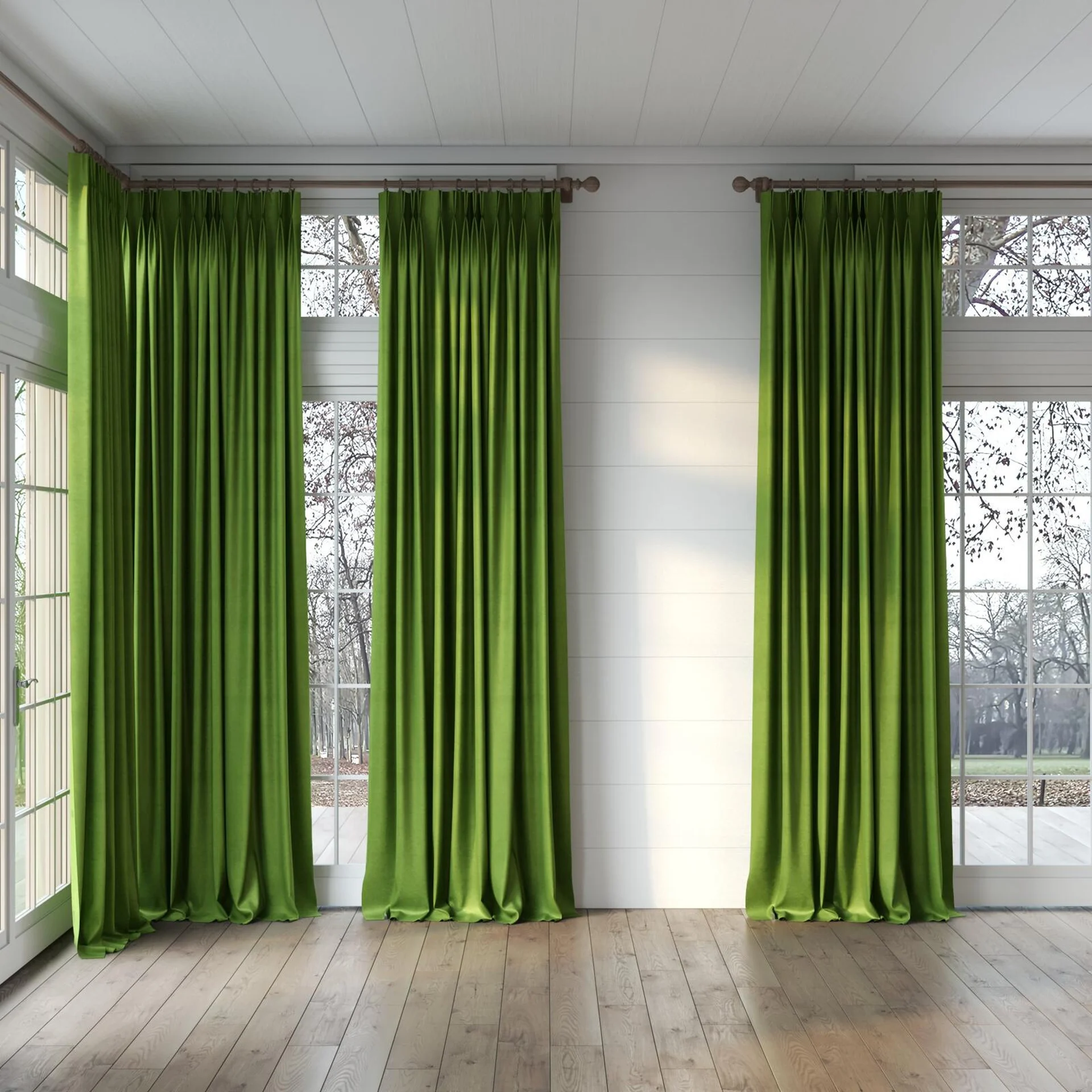 Full view of Baron Kiwi, puddled, on curtain rod