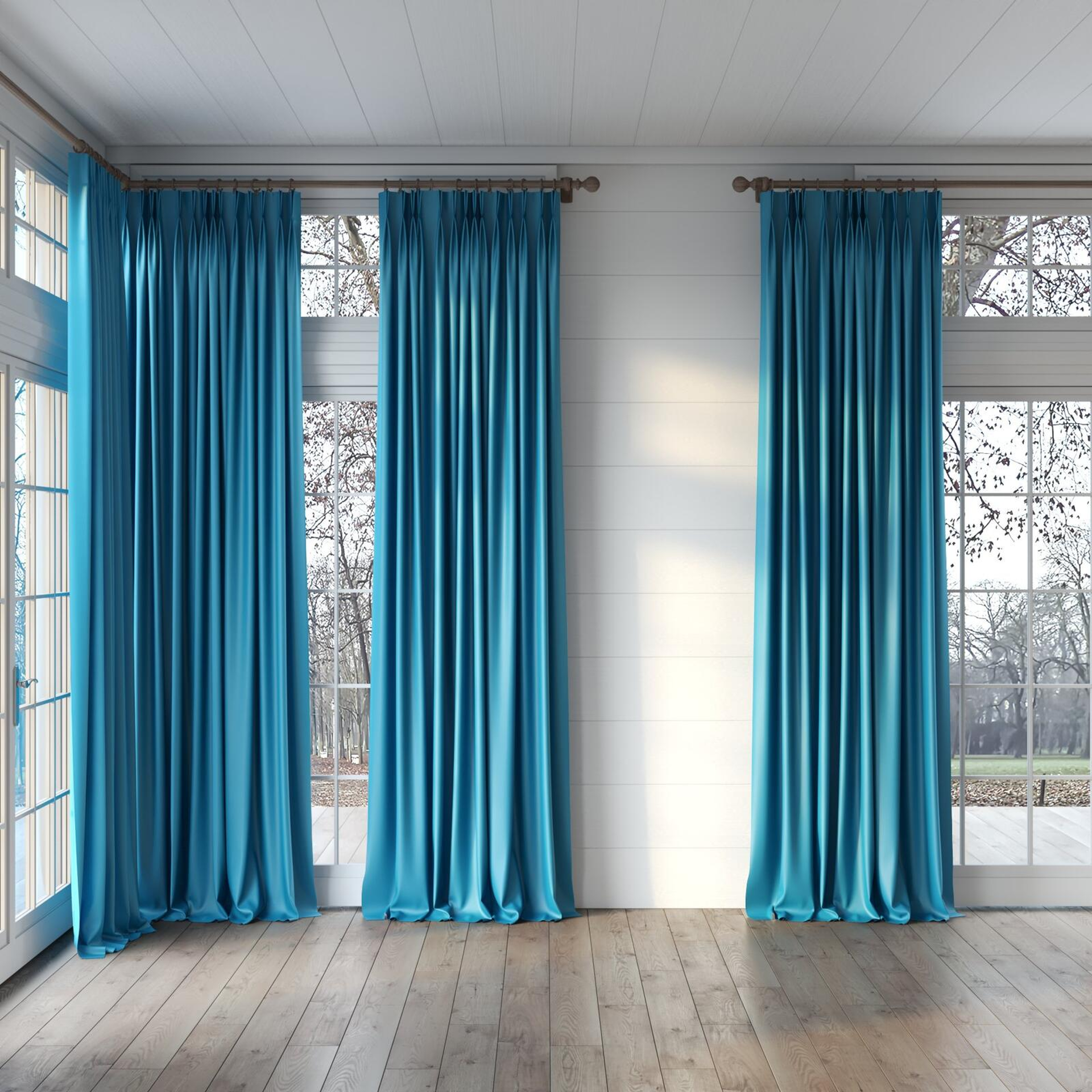 Full view of Blockbuster Teal, puddled, on curtain rod