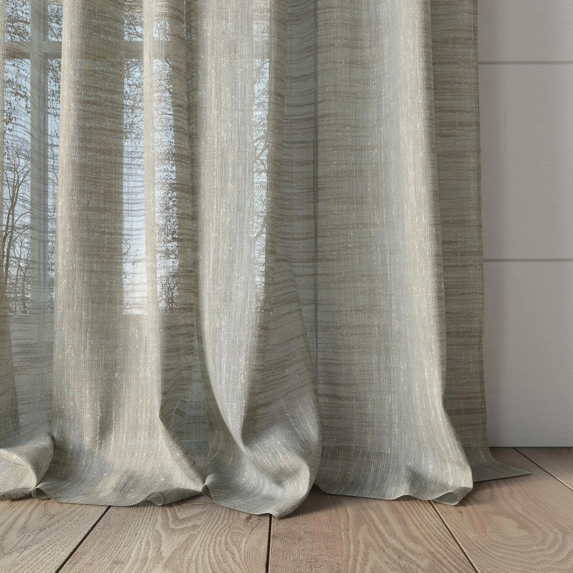 Bottom view of Zip Dune, puddled, on curtain rod