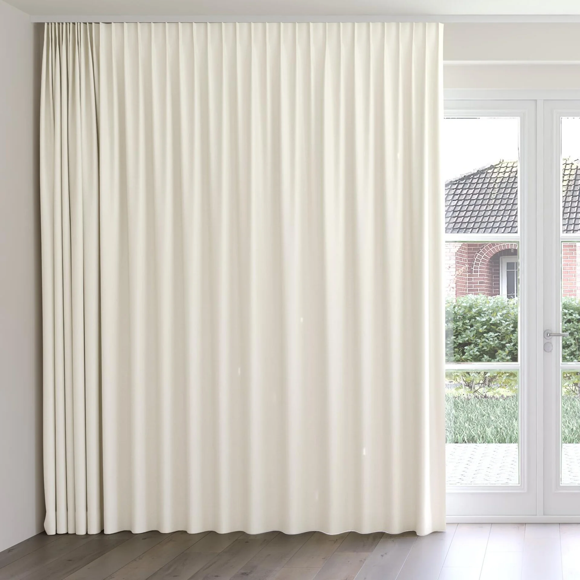 Front view of Brugge Cream, on curtain rail