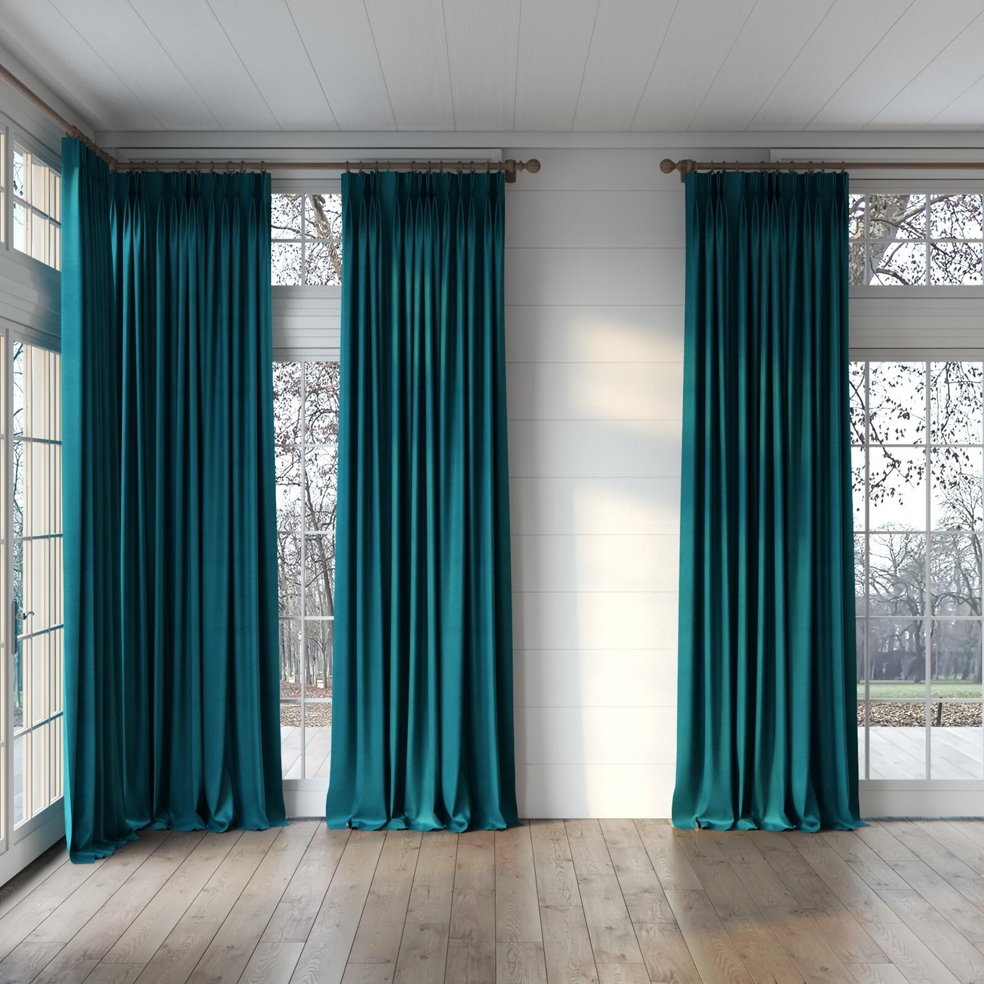 Full view of Baron Emerald, puddled, on curtain rod