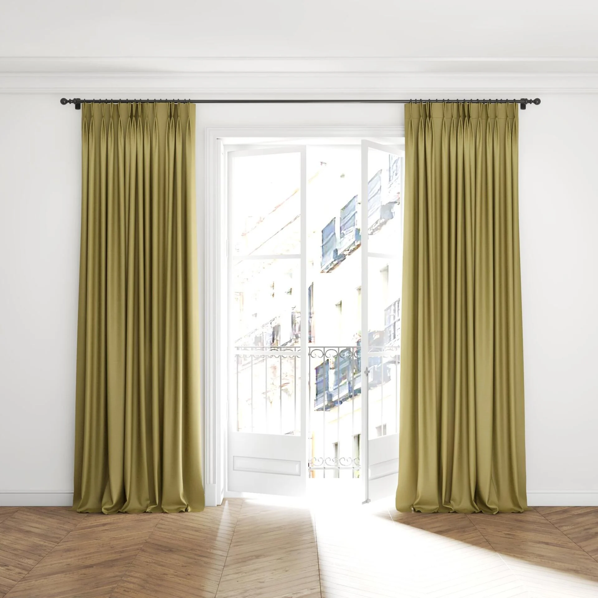 Full view of Re-Juvenate Chartreuse, puddled with pinch pleat, on curtain rod