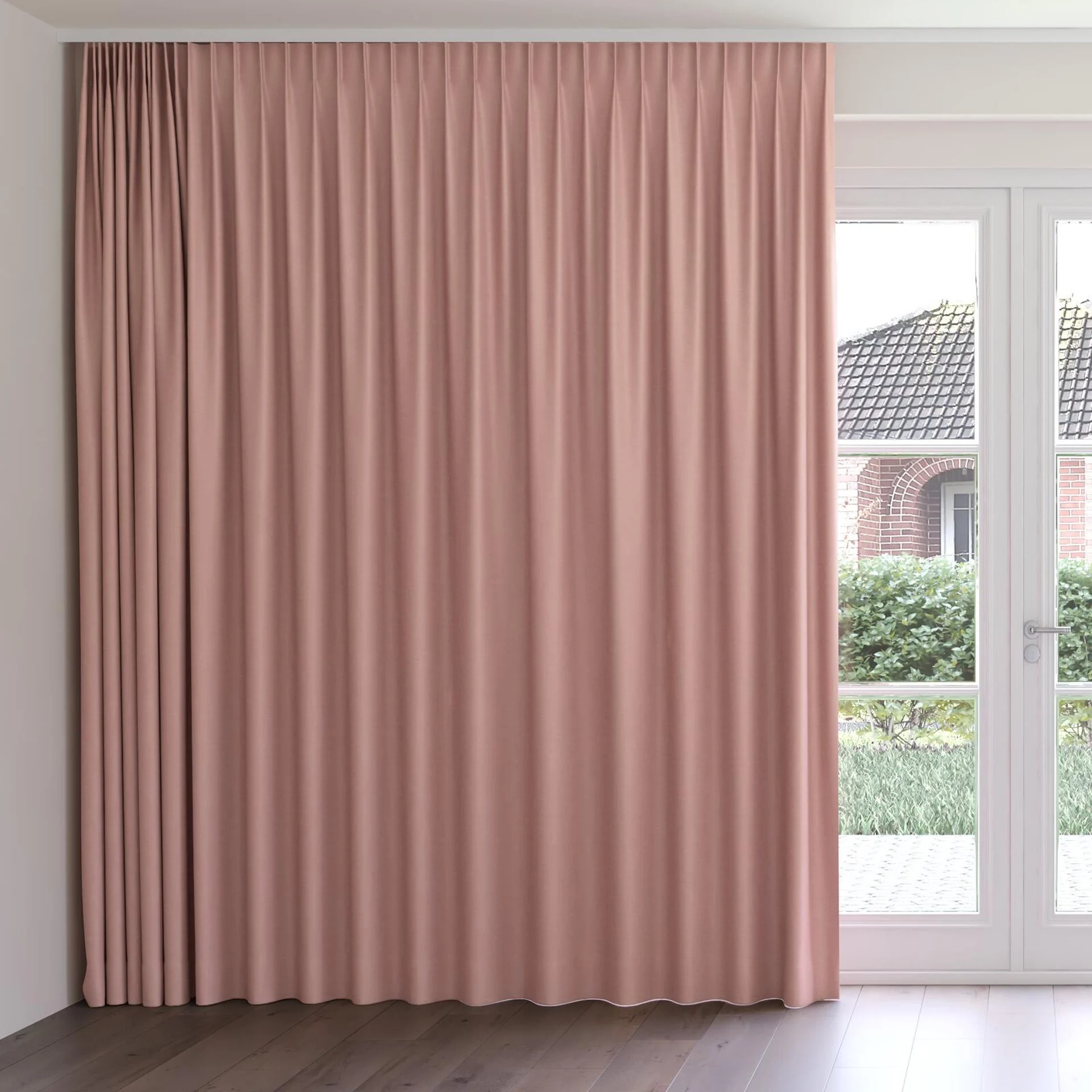 Front view of Colourwash Eco Orchid, on curtain rail