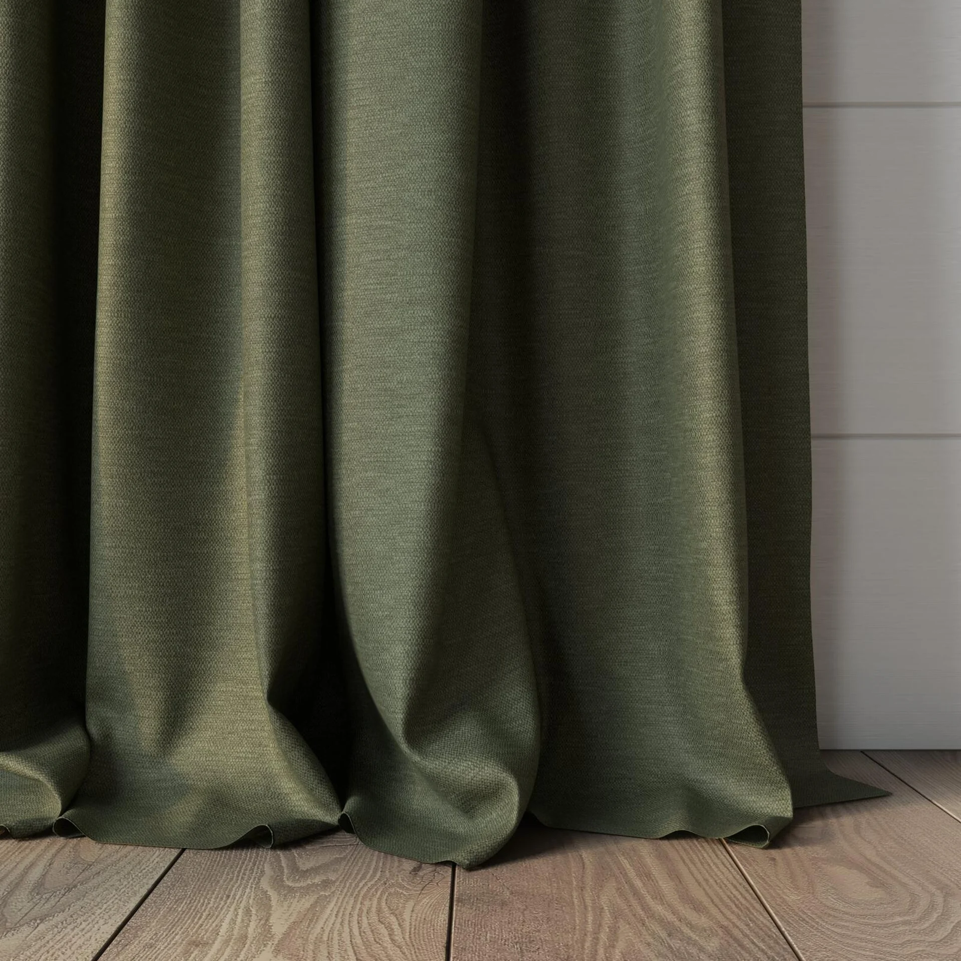 Bottom view of Colourwash Eco Camouflage, puddled, on curtain rod