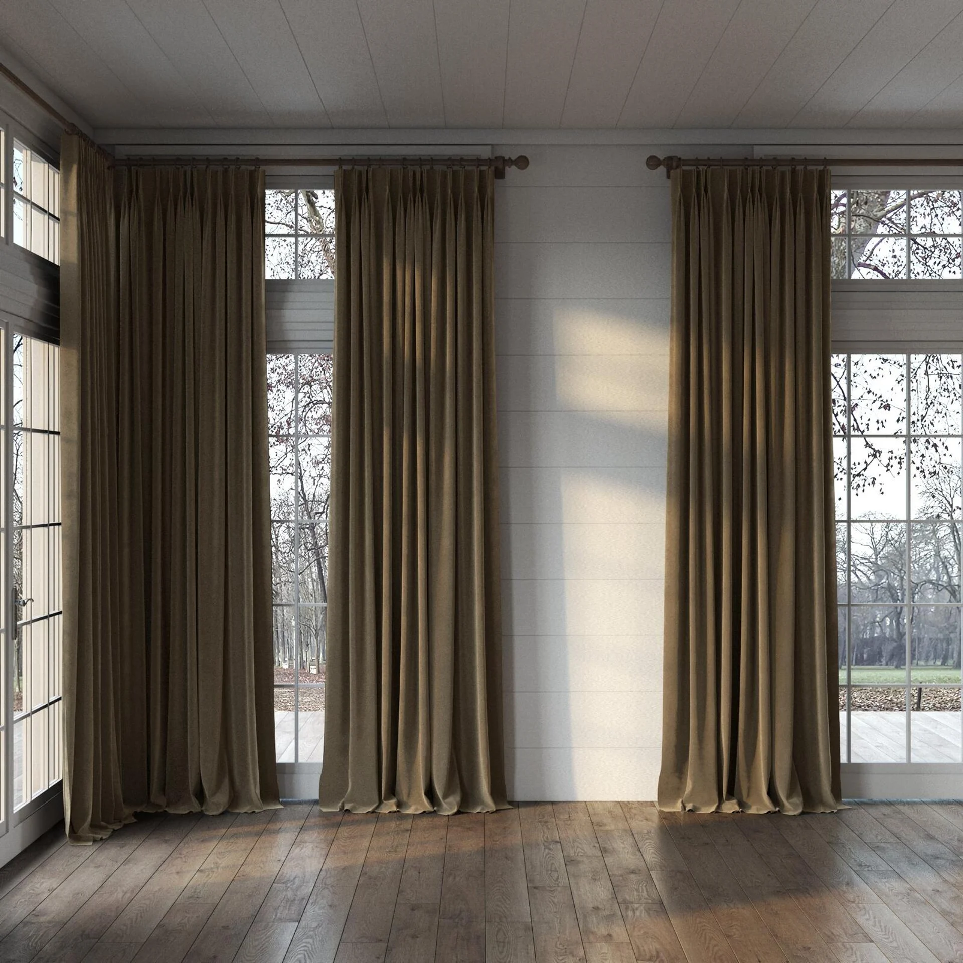 Full view of Verbier Beaver, puddled, on curtain rod