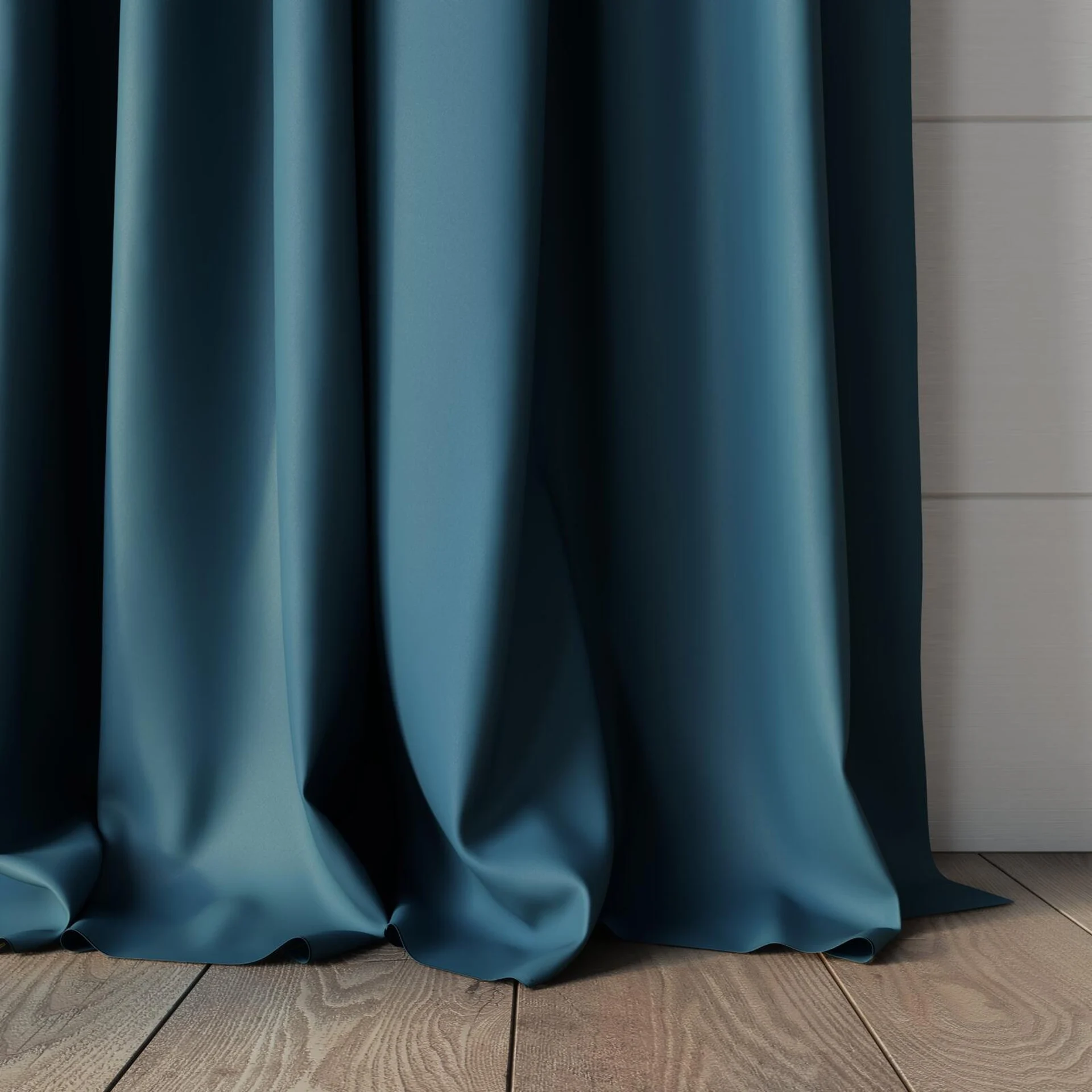Bottom view of Ultra Dim Teal, puddled, on curtain rod