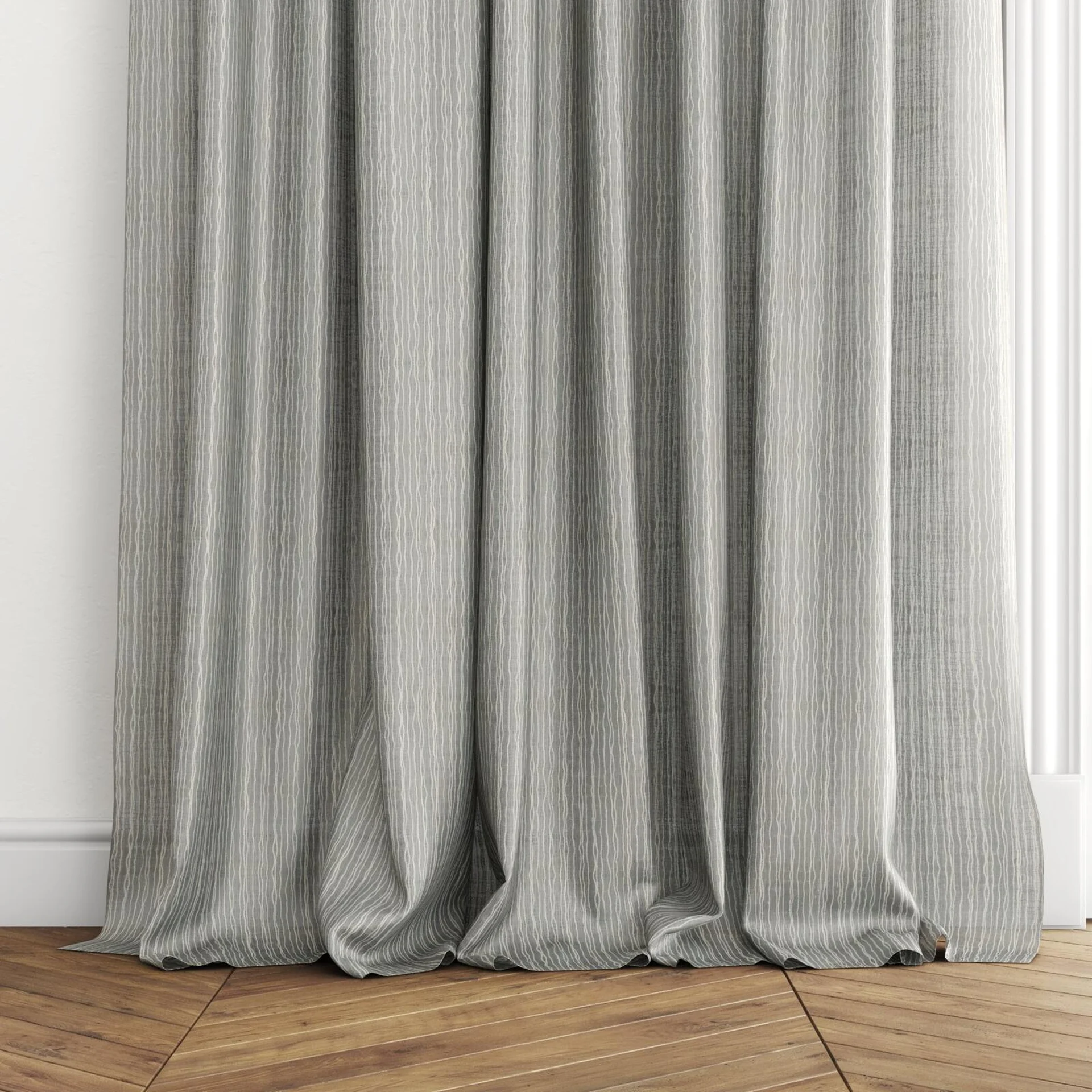 Bottom view of Impressionism Elephant, puddled with pinch pleat, on curtain rod