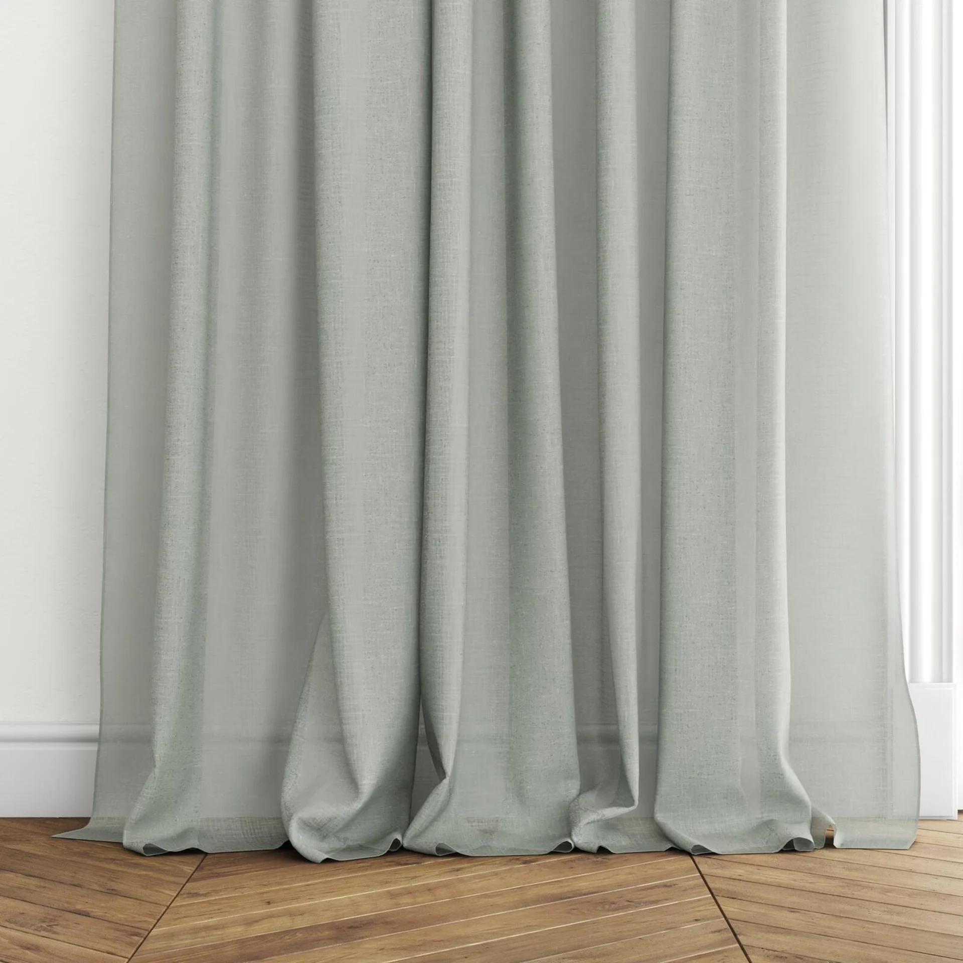 Bottom view of Uno Mineral, puddled with pinch pleat, on curtain rod
