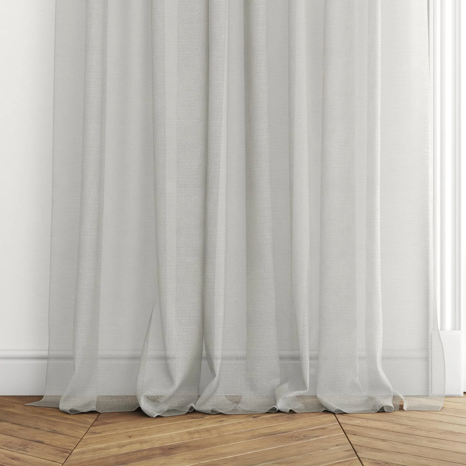 Bottom view of Radiant Rattan, puddled with pinch pleat, on curtain rod