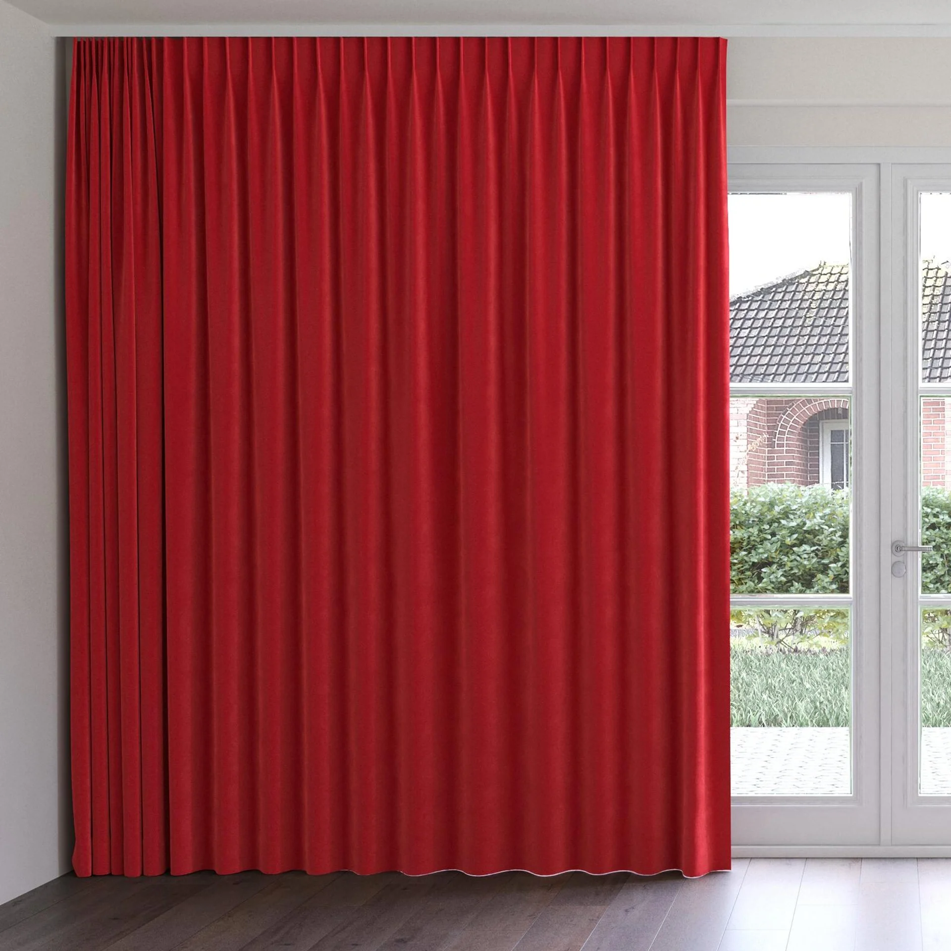 Front view of Verbier Scarlet, on curtain rail