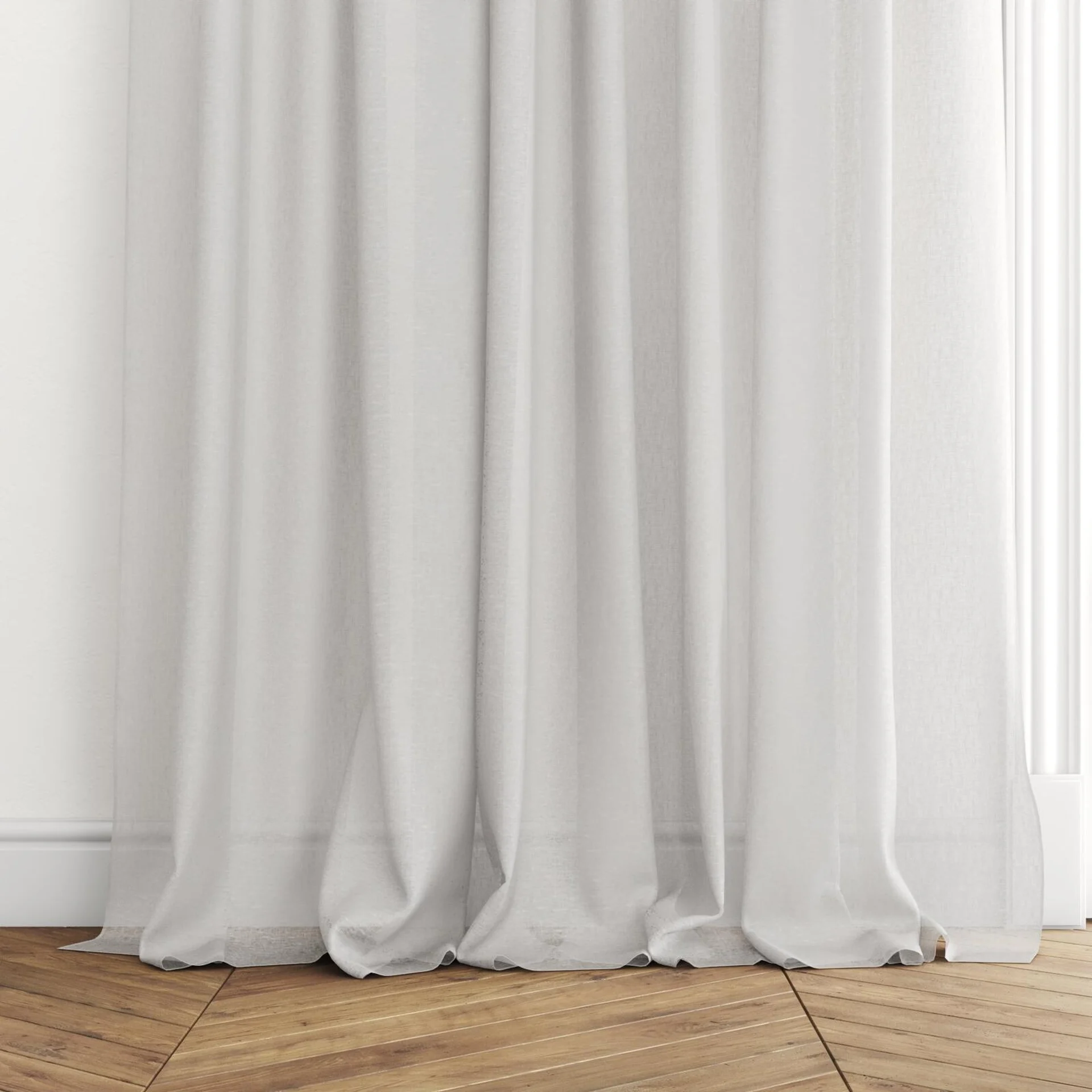 Bottom view of Laconia Air Ricepaper, puddled with pinch pleat, on curtain rod