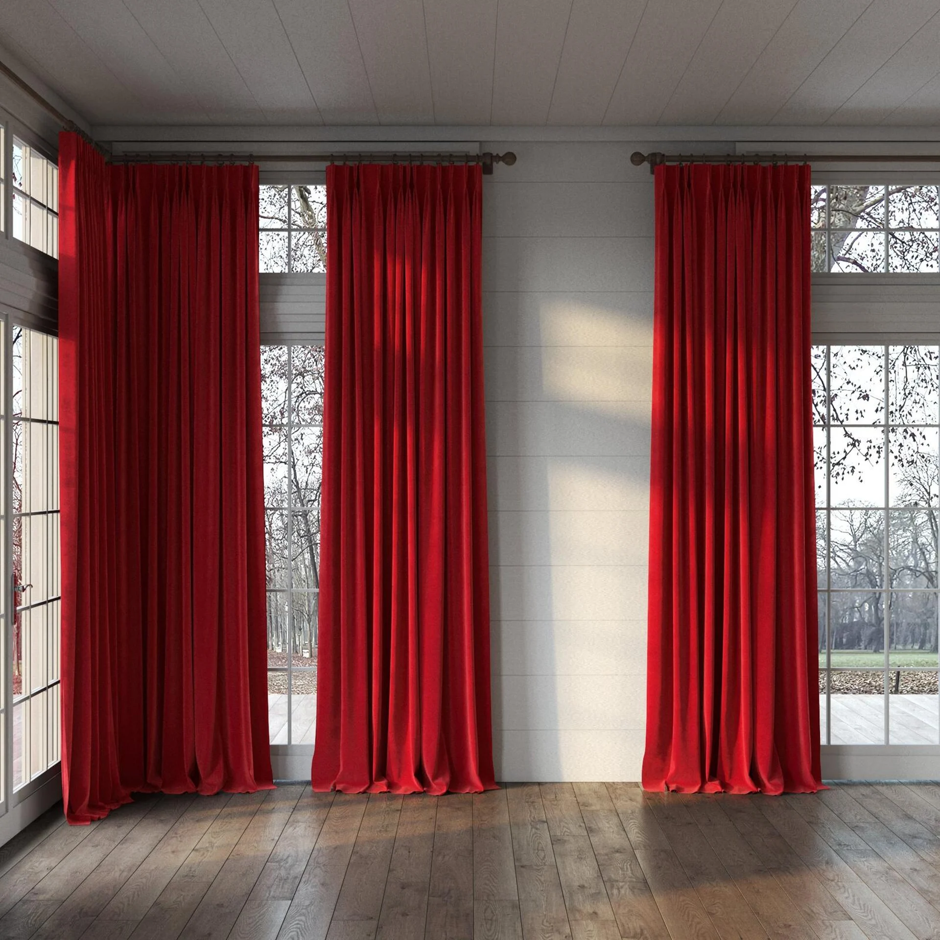 Full view of Verbier Scarlet, puddled, on curtain rod
