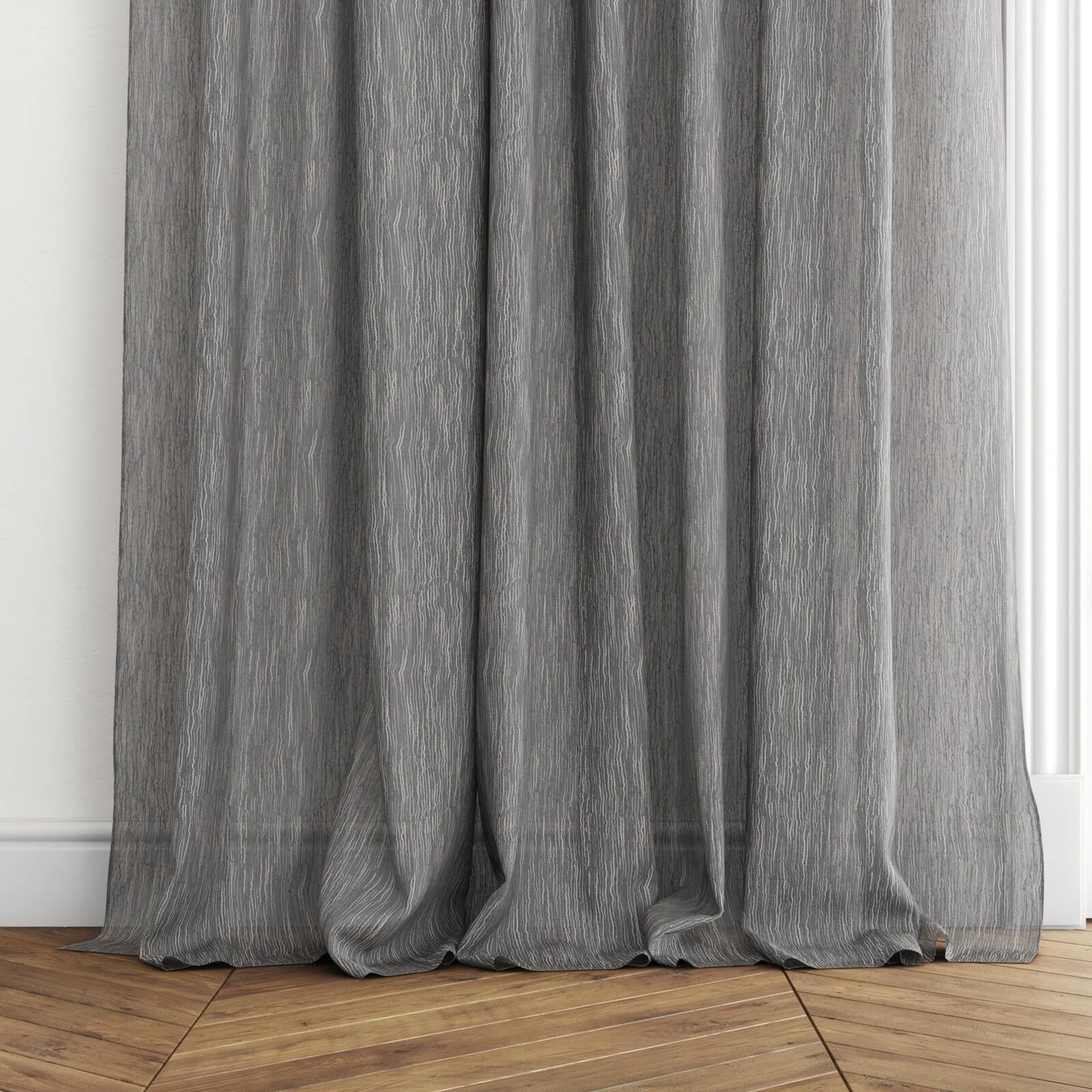 Bottom view of Turbulent Storm, puddled with pinch pleat, on curtain rod