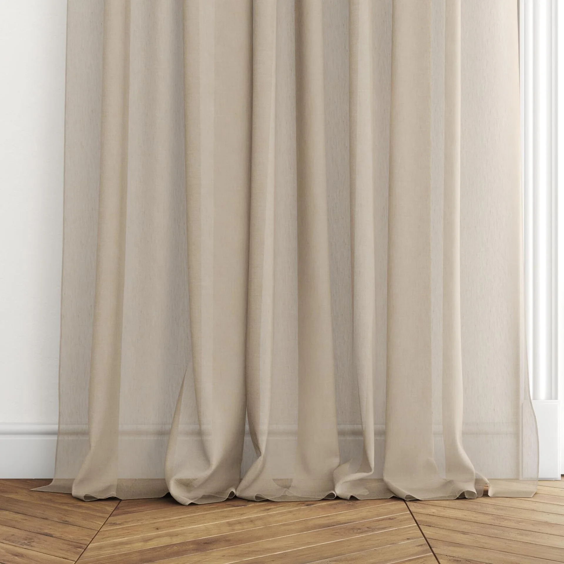 Bottom view of Cavalier Ginger, puddled with pinch pleat, on curtain rod