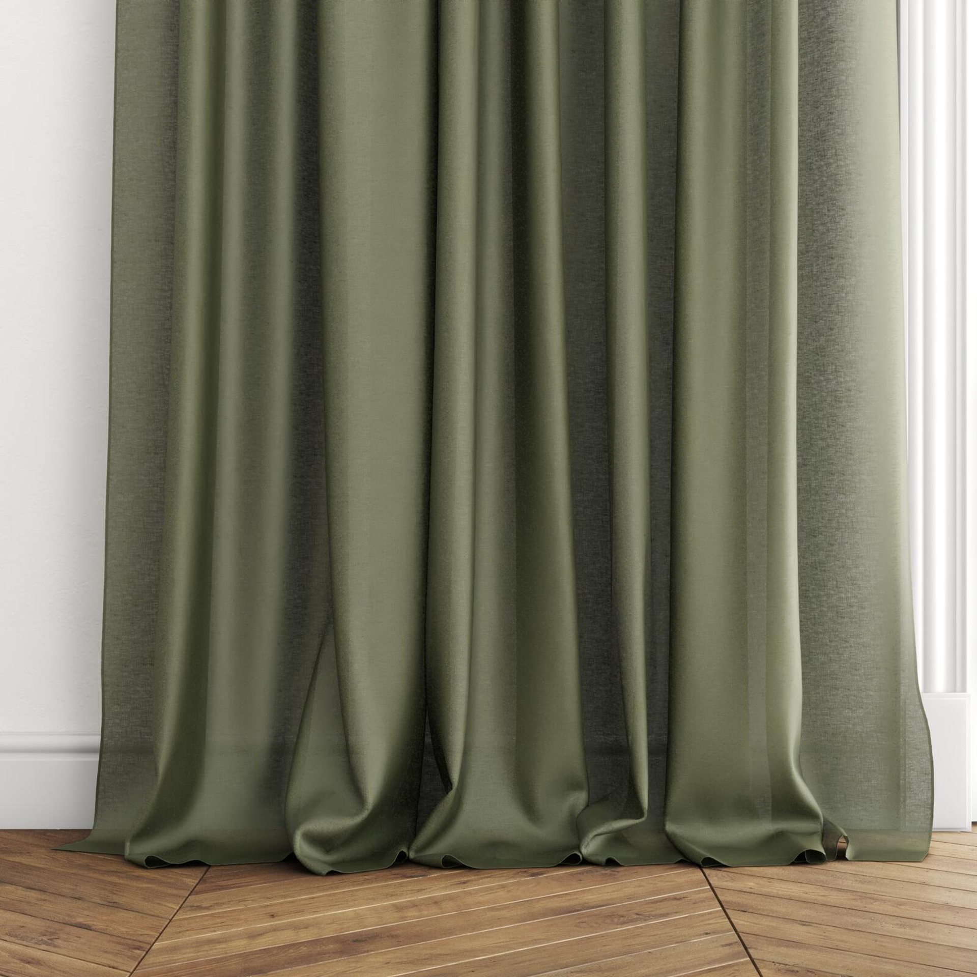 Bottom view of Wategos Rainforest, puddled with pinch pleat, on curtain rod