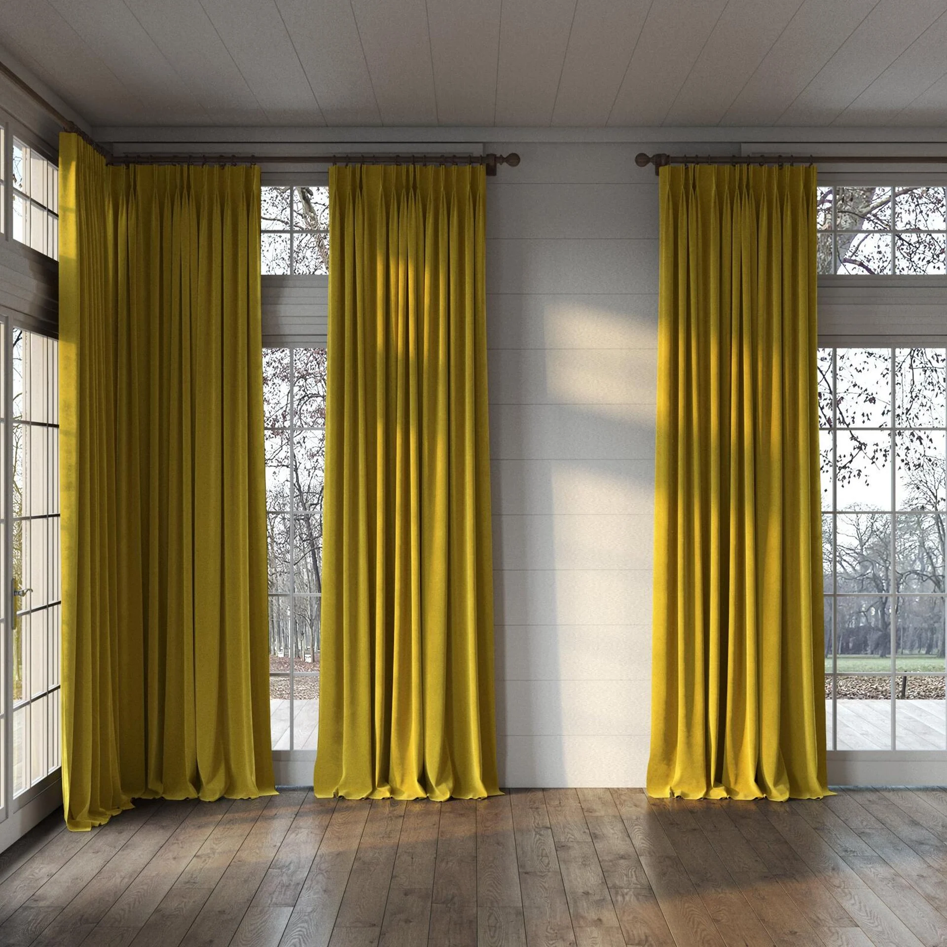 Full view of Verbier Hay, puddled, on curtain rod