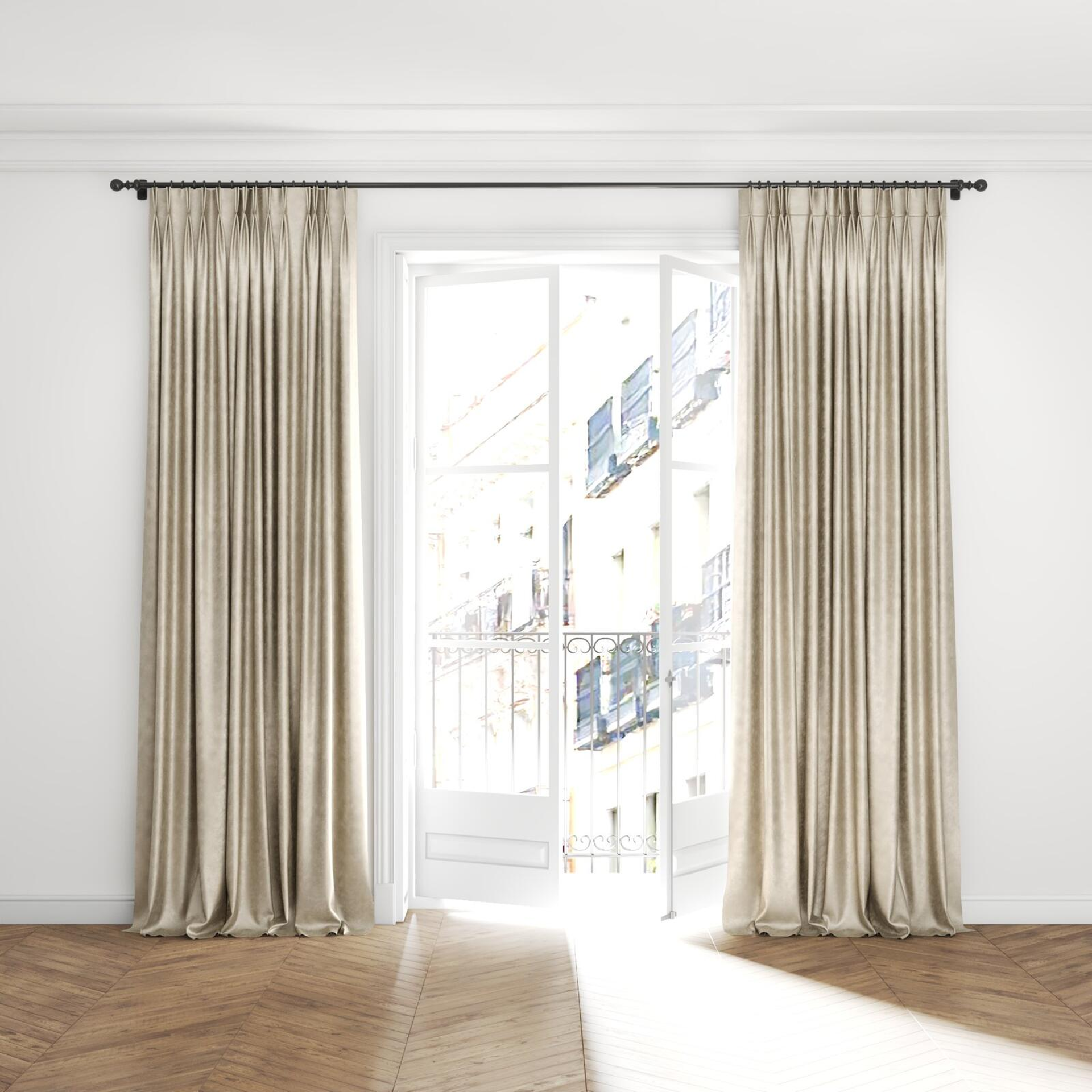 Full view of Fizz Marzipan, puddled with pinch pleat, on curtain rod