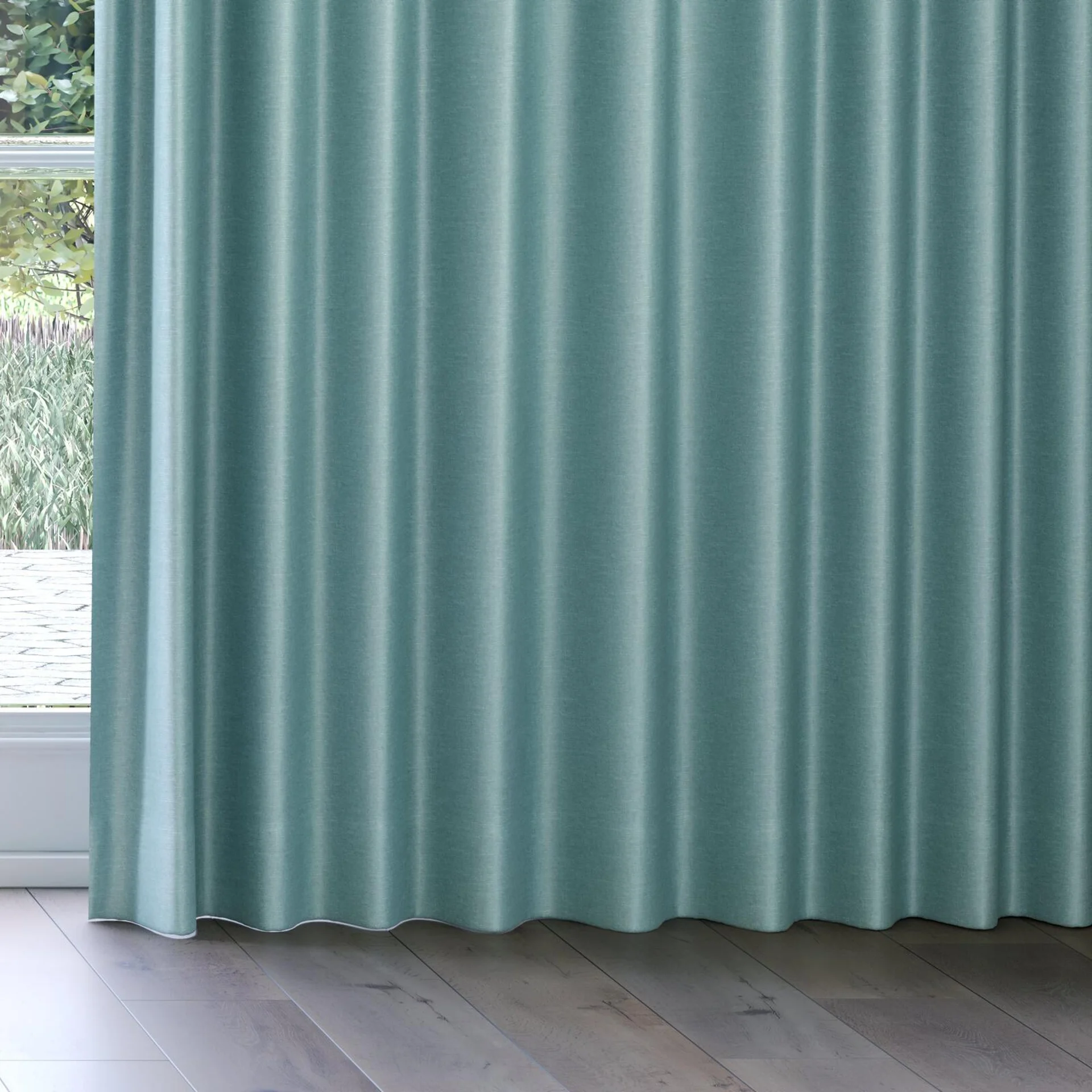 Bottom view of Provence Duckegg, on curtain rail