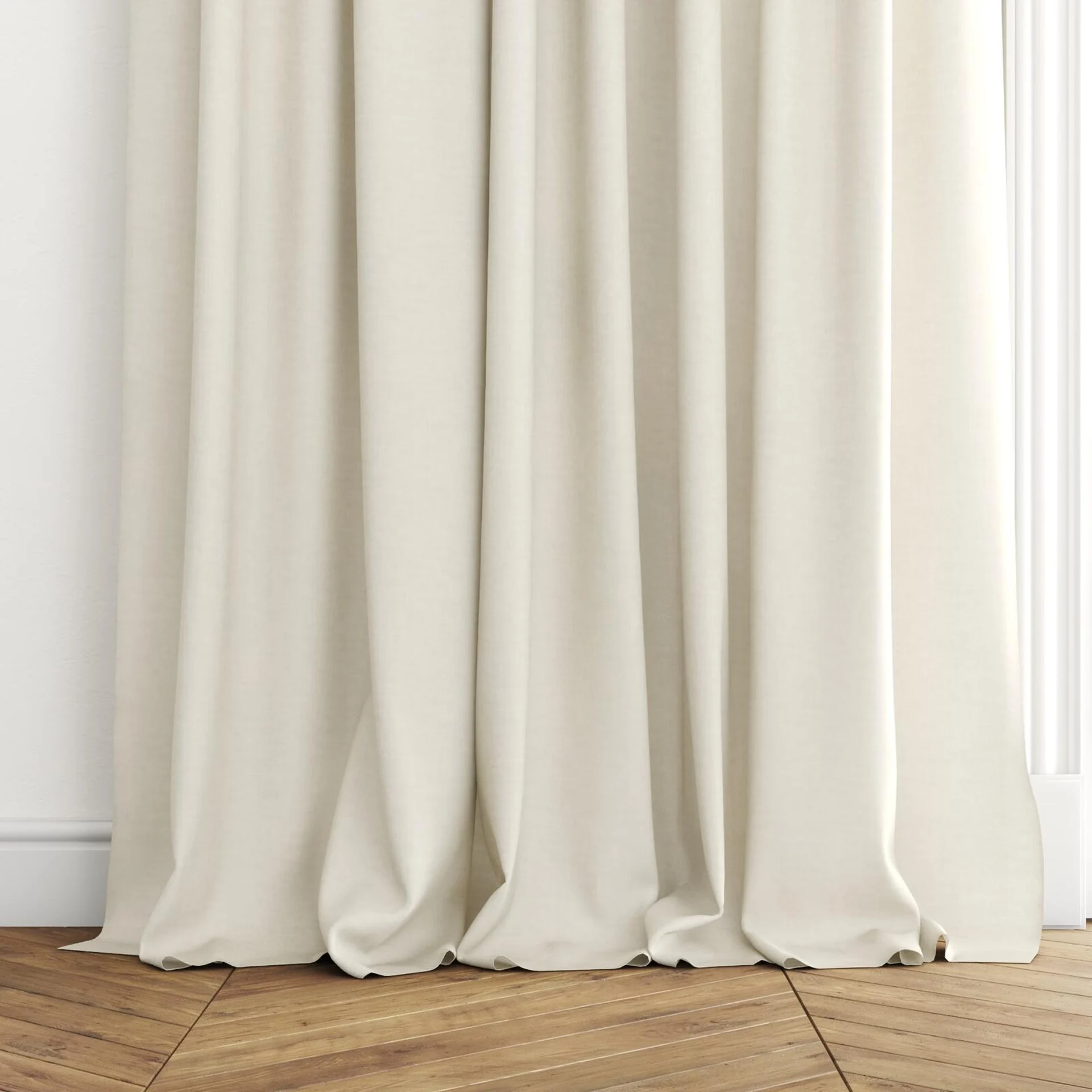 Bottom view of Arcadia Flax, puddled with pinch pleat, on curtain rod