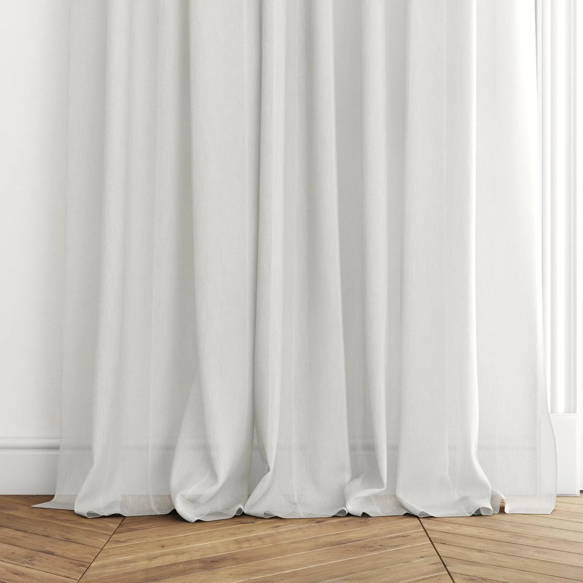 Bottom view of Longitude FR Linen, puddled with pinch pleat, on curtain rod
