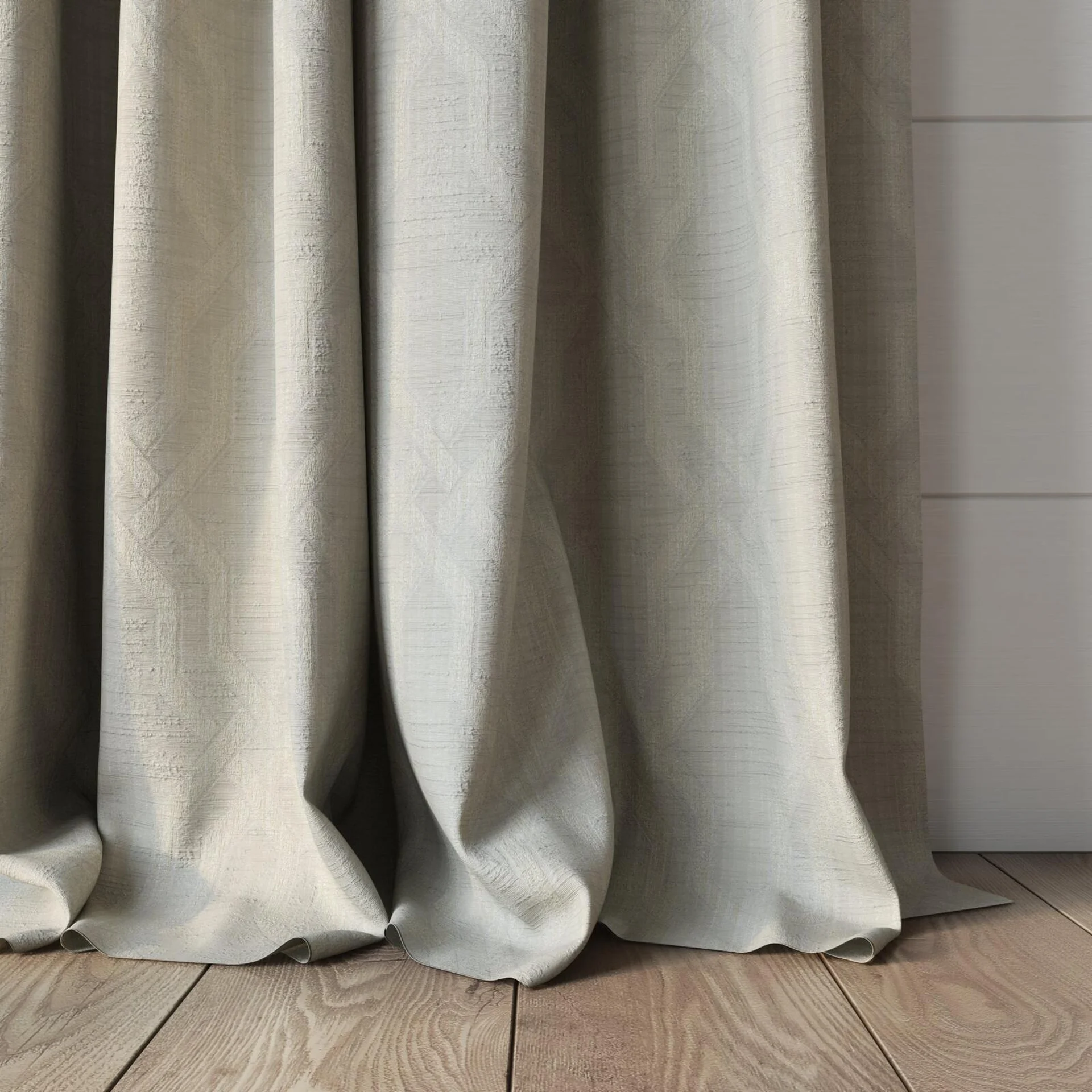 Bottom view of Modus Mist, puddled, on curtain rod