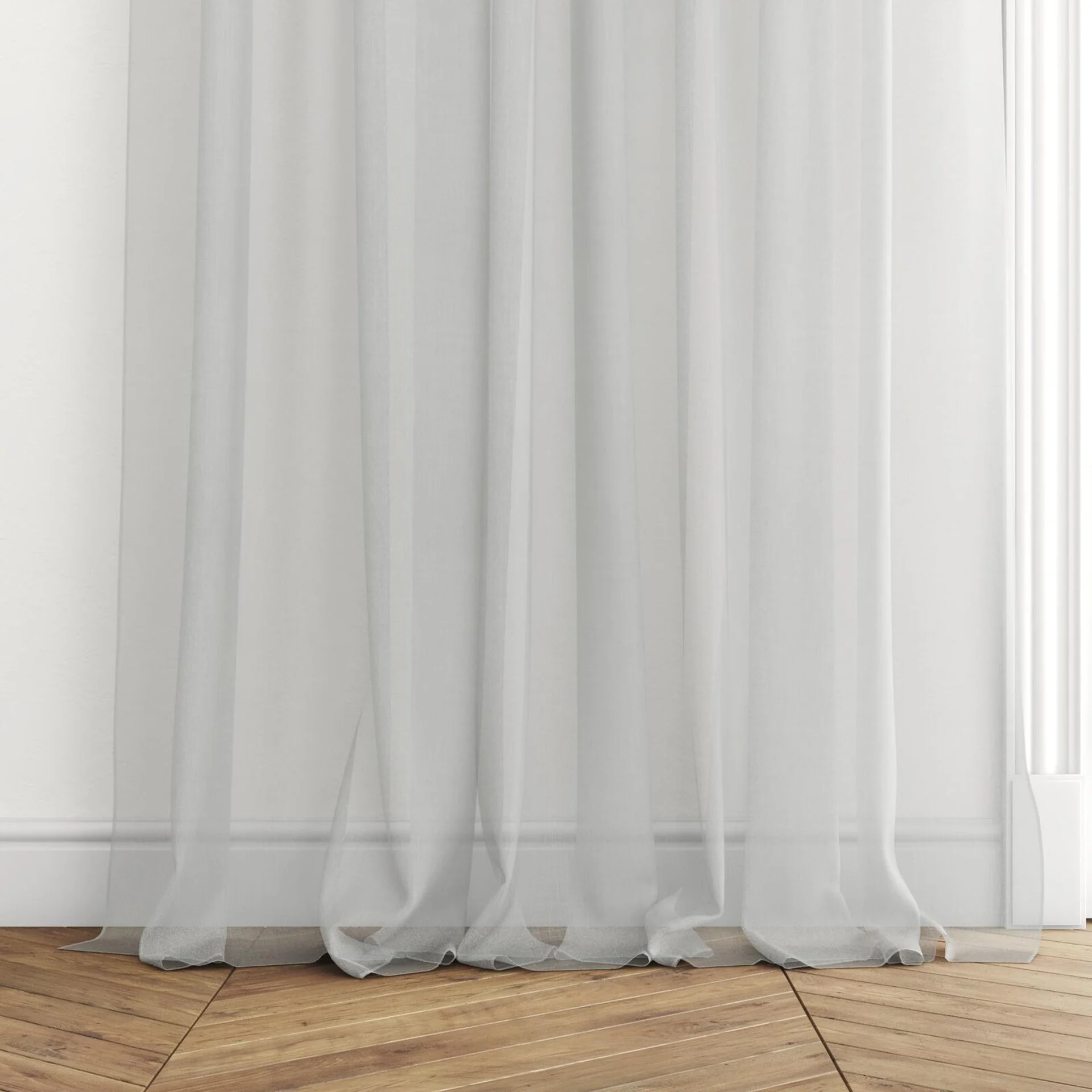 Bottom view of Audiance Dove, puddled with pinch pleat, on curtain rod