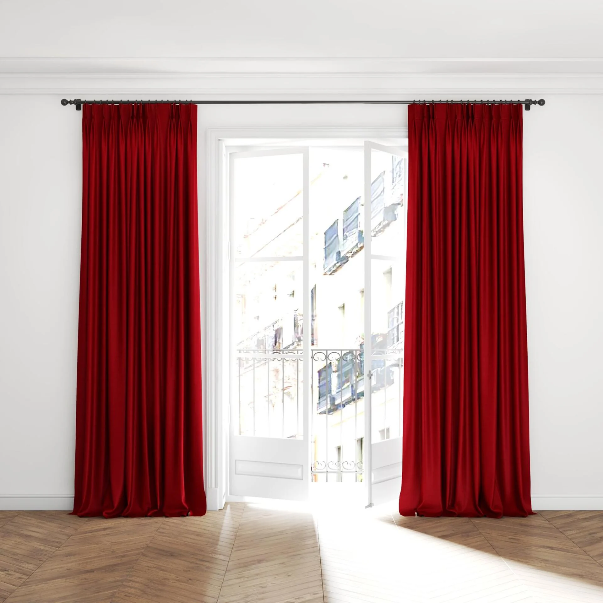 Full view of Drama Cherry, puddled with pinch pleat, on curtain rod