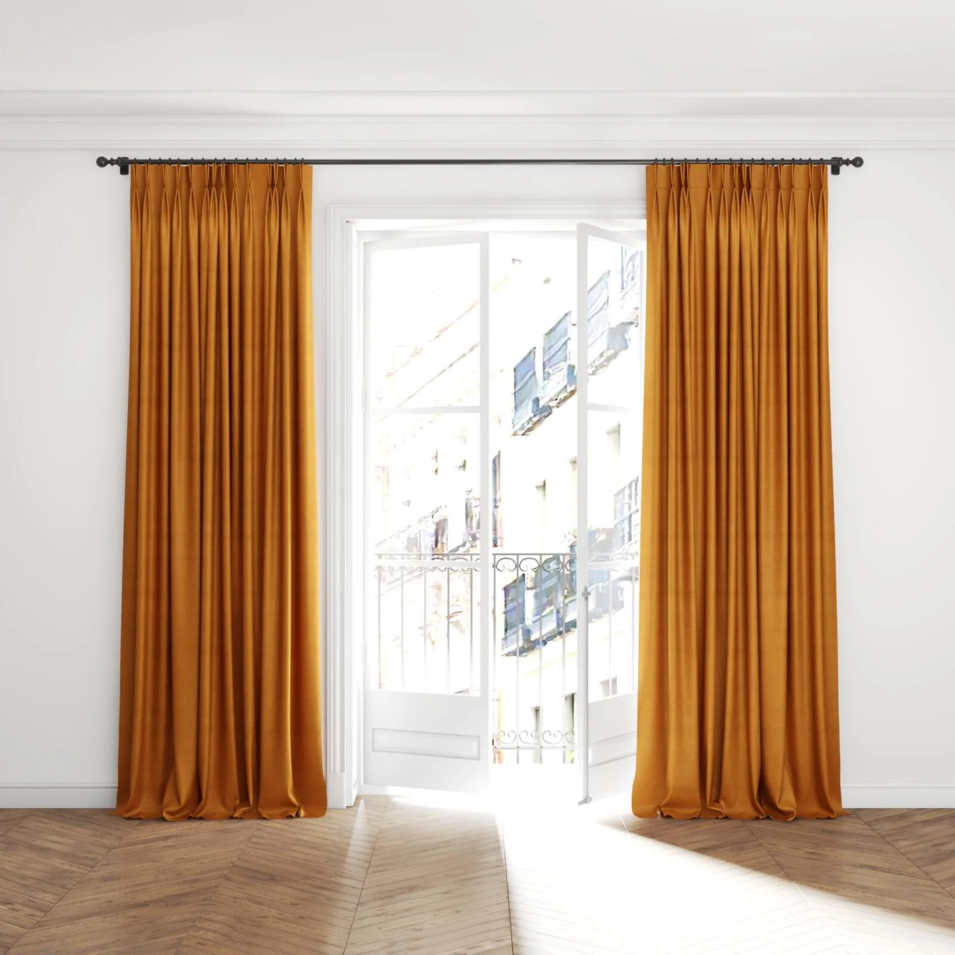 Full view of Baron Pumpkin, puddled with pinch pleat, on curtain rod
