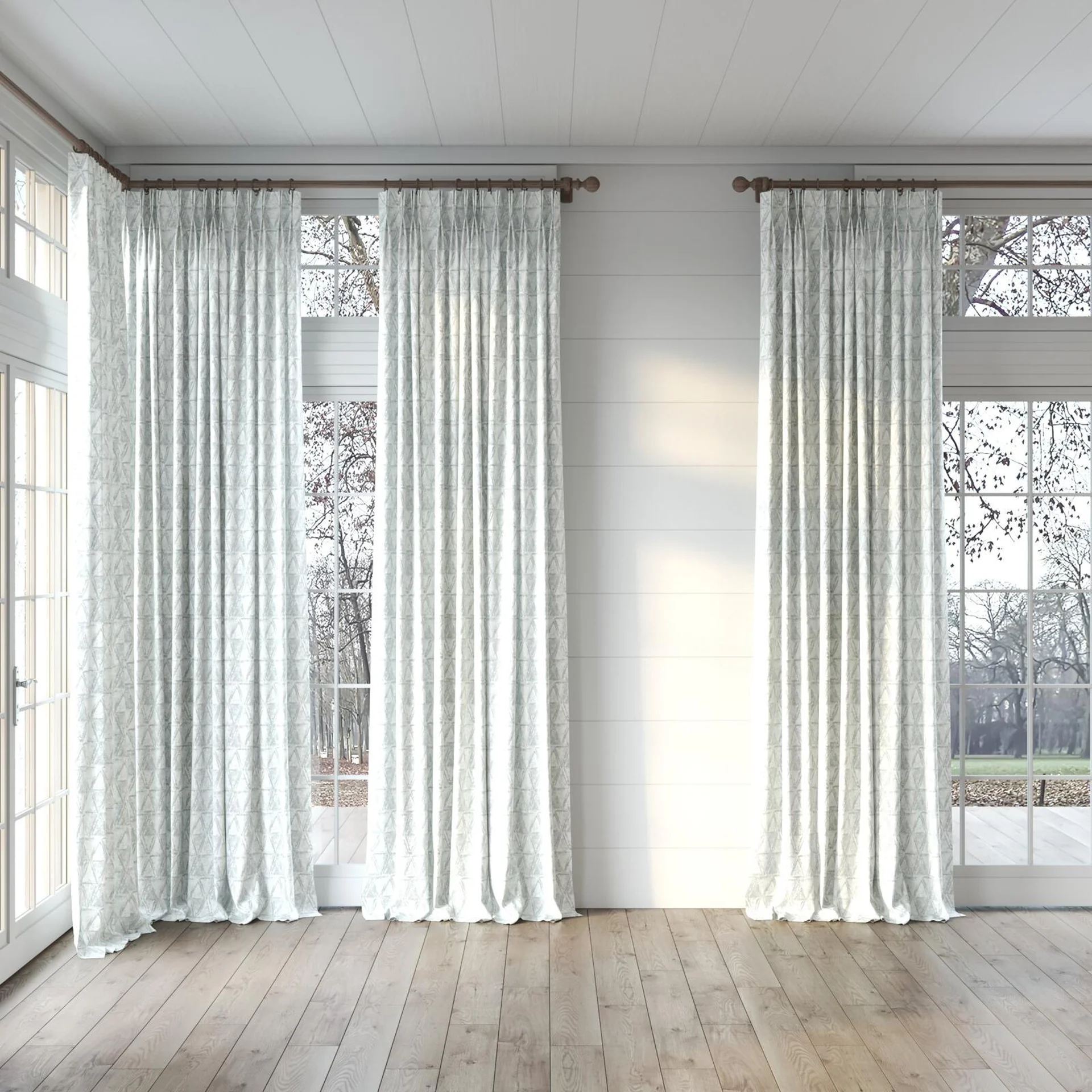Full view of Handsome Crystal, puddled, on curtain rod