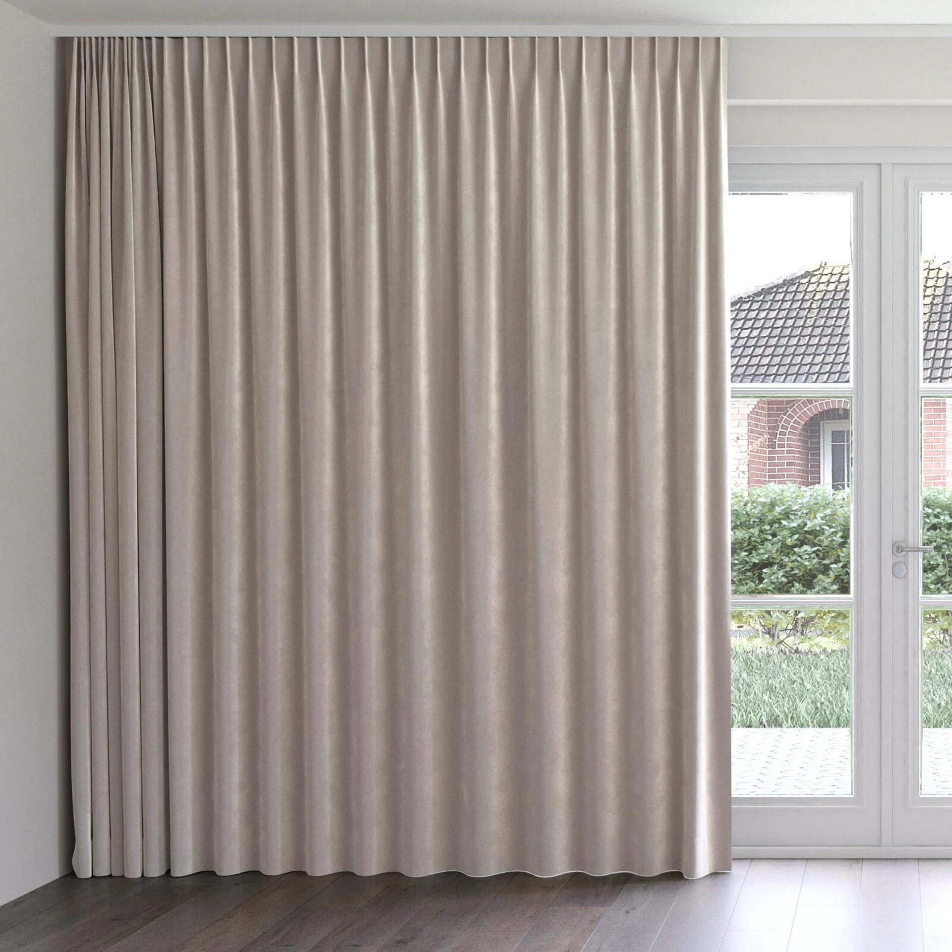 Front view of Velvelux Stucco, on curtain rail