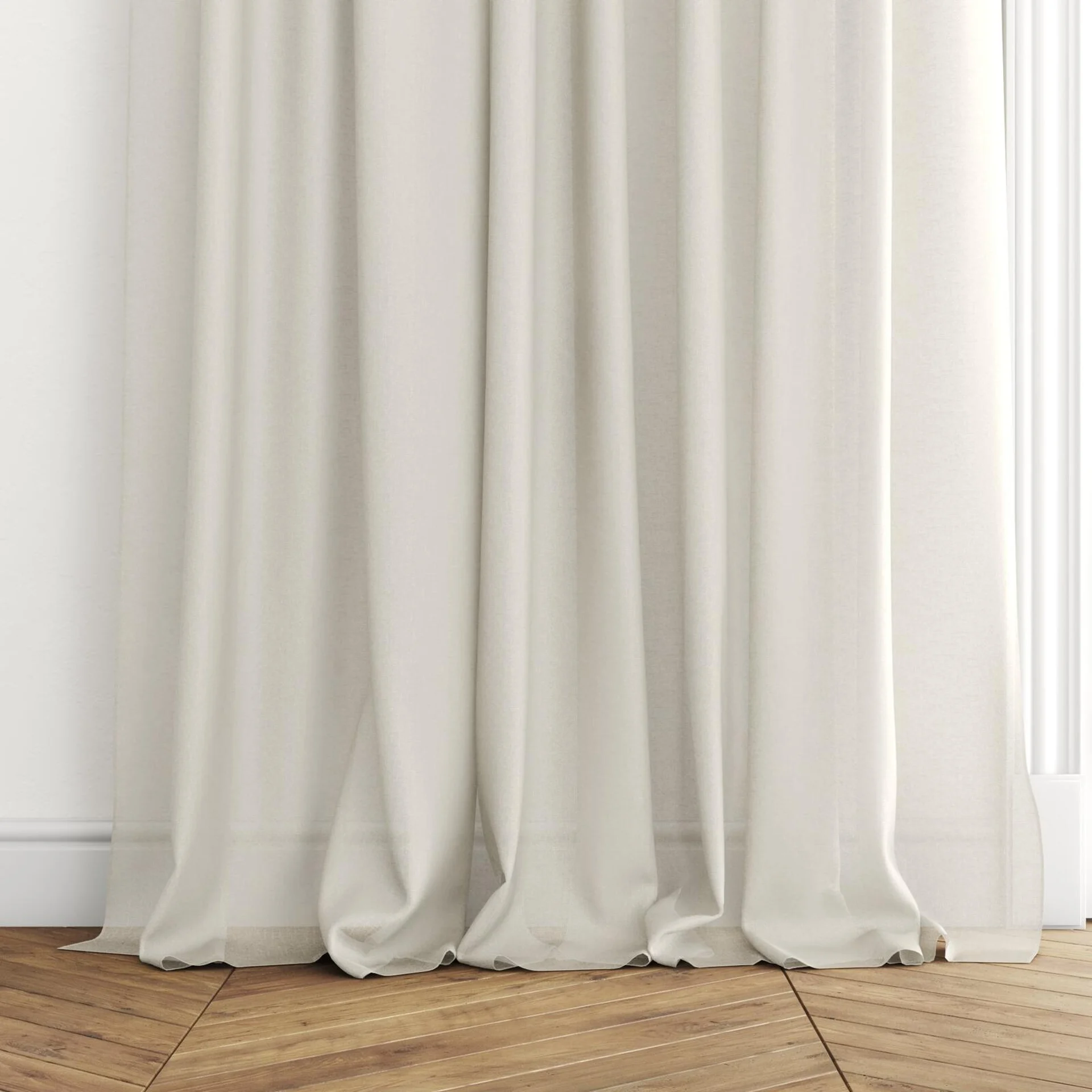 Bottom view of Alcova Parchment, puddled with pinch pleat, on curtain rod