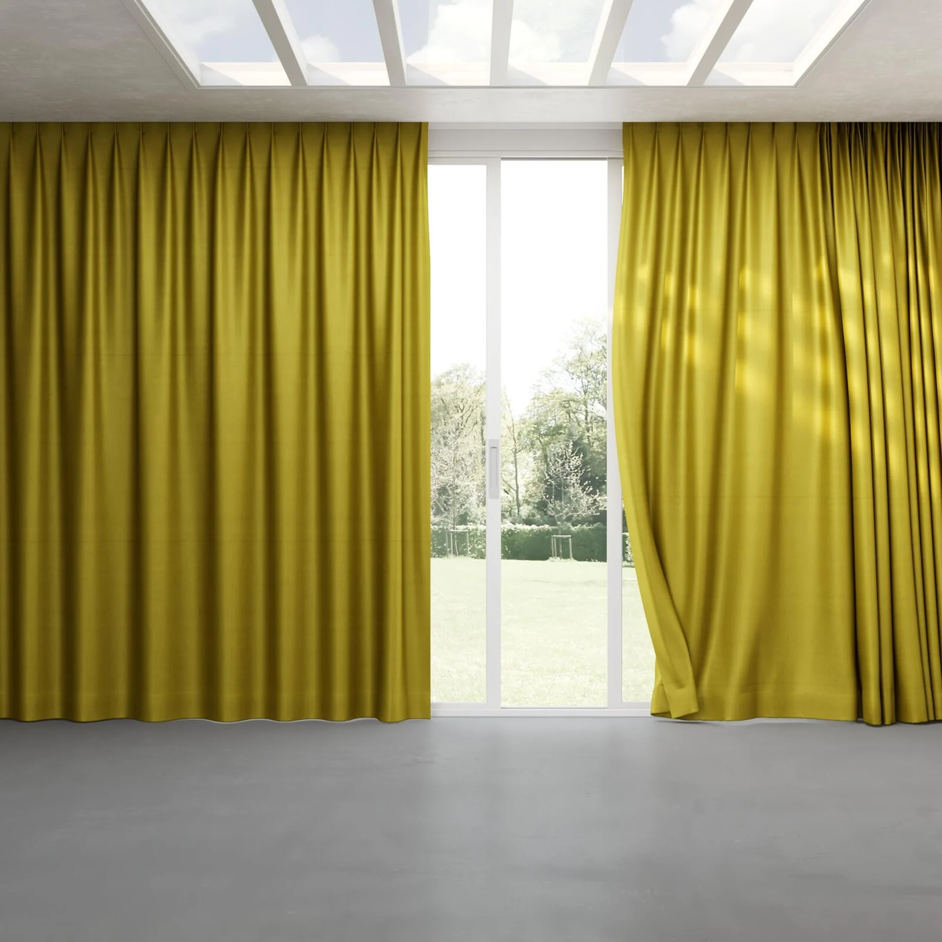 Full view of Warlock Chartreuse, pinch pleat