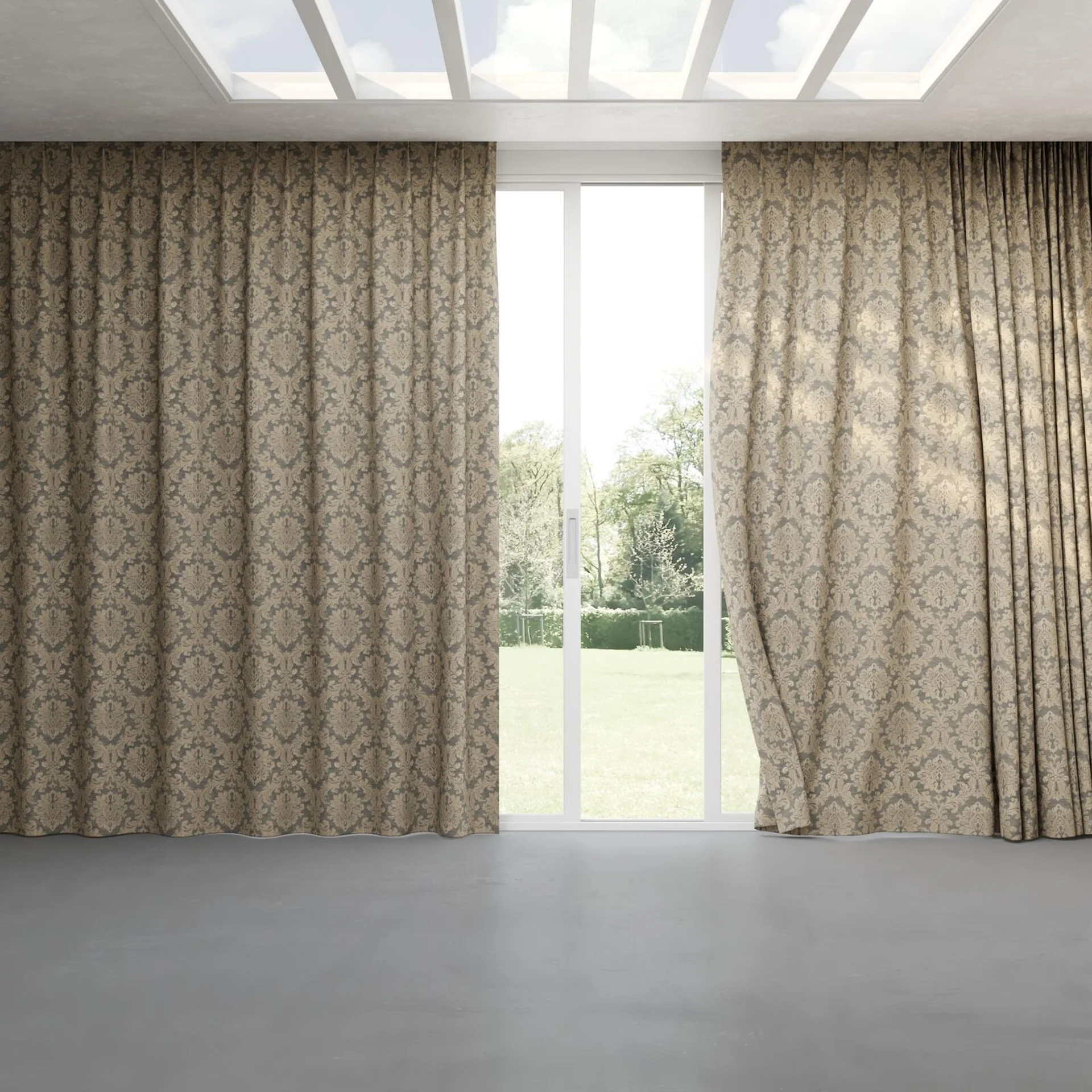 Full view of Damian Plaza, pinch pleat