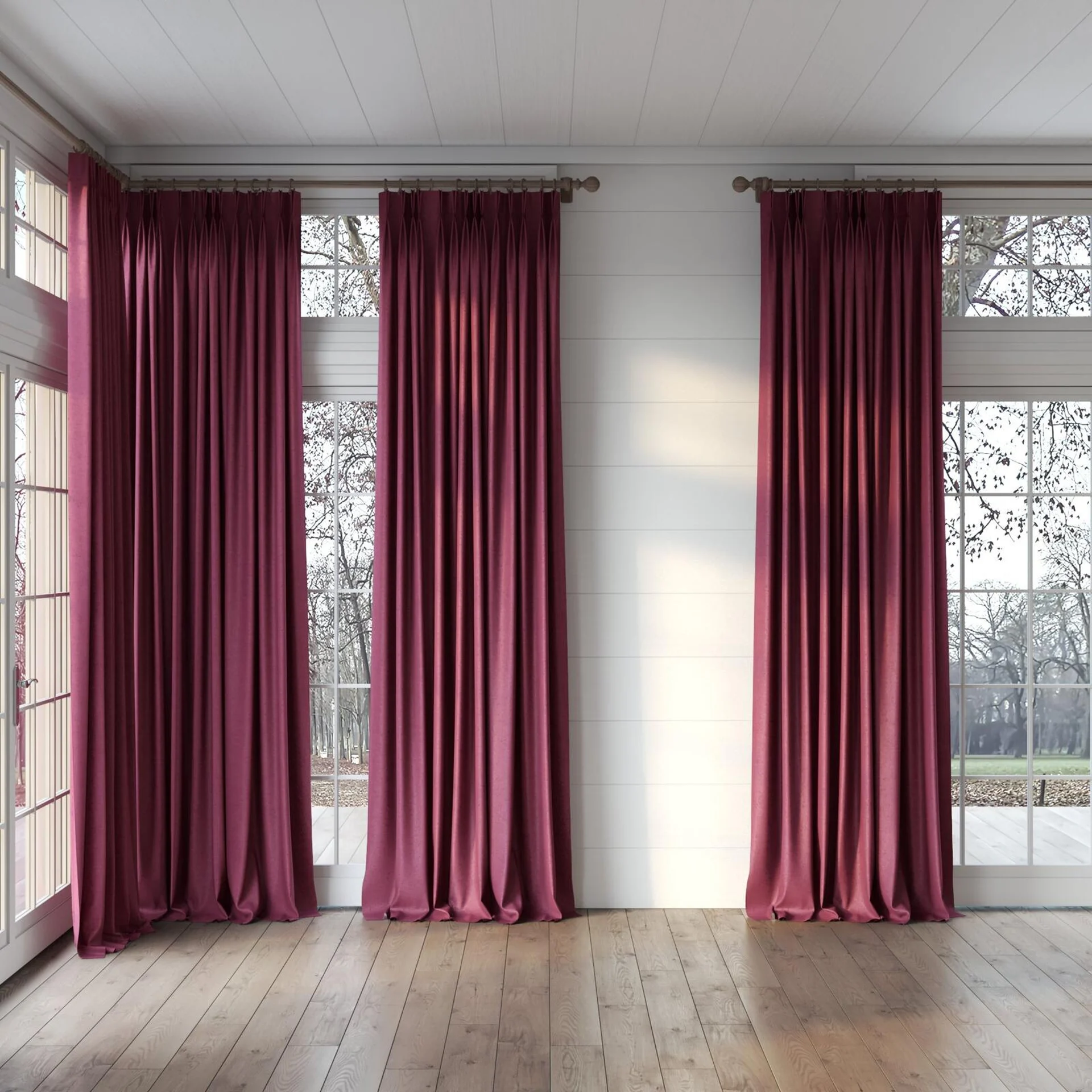 Full view of Drama Plum, puddled, on curtain rod