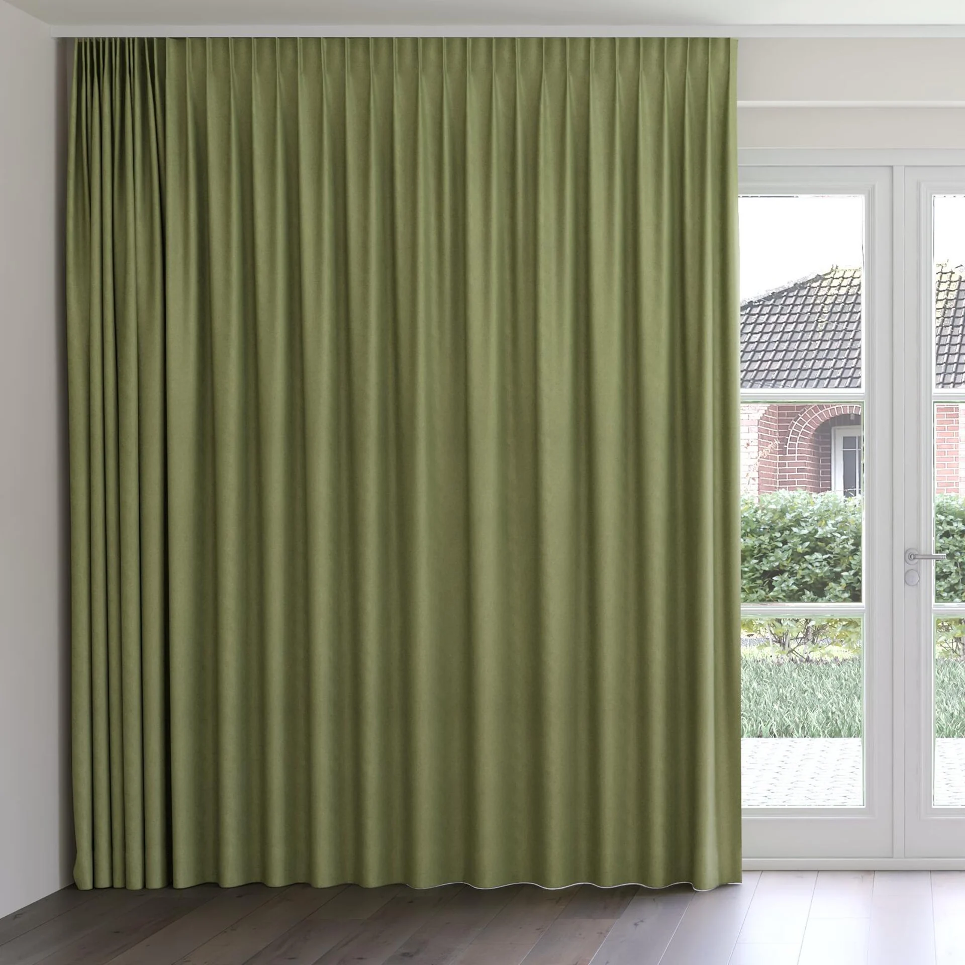 Front view of Liberate Emerald, on curtain rail