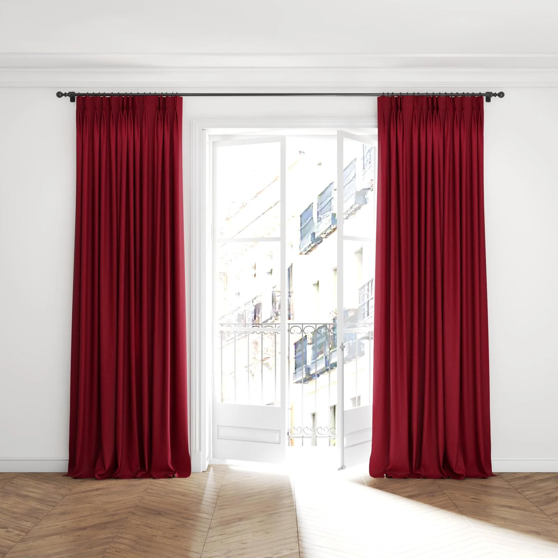Full view of Tuxedo Magenta, puddled with pinch pleat, on curtain rod