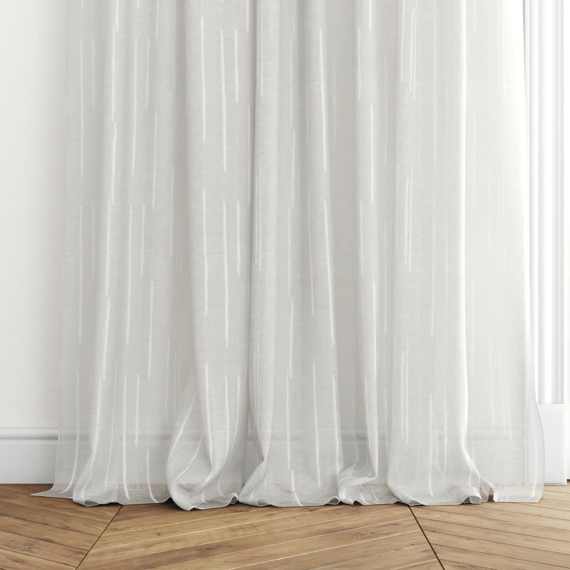 Bottom view of Tidal Almond, puddled with pinch pleat, on curtain rod