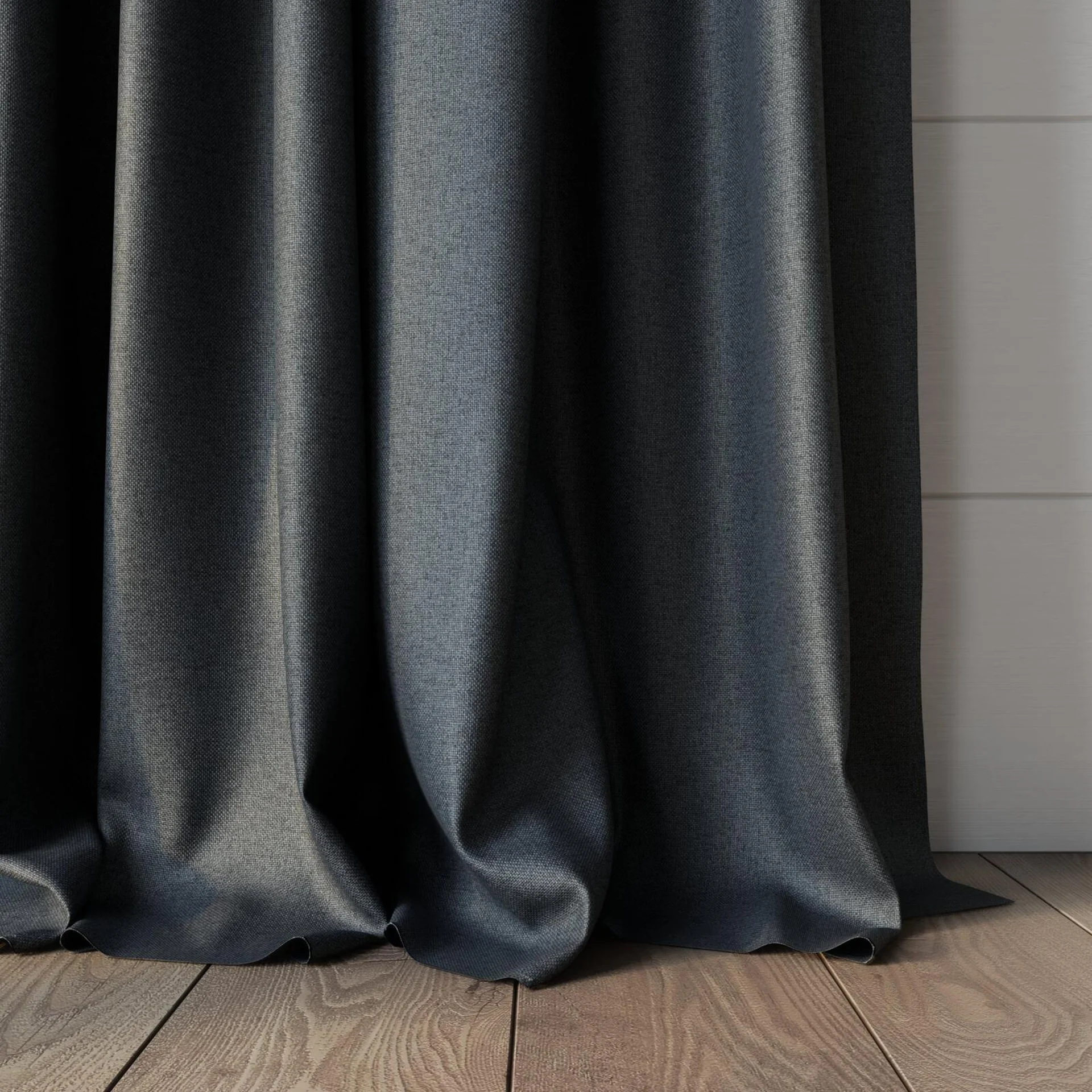 Bottom view of Grove Charcoal, puddled, on curtain rod