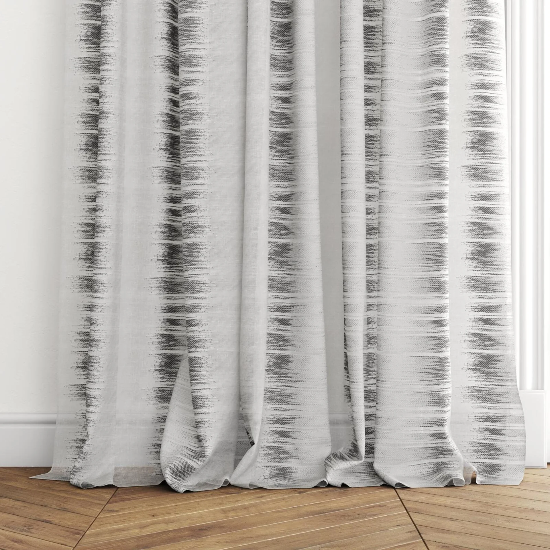 Bottom view of Exposure (JDG) Strata, puddled with pinch pleat, on curtain rod