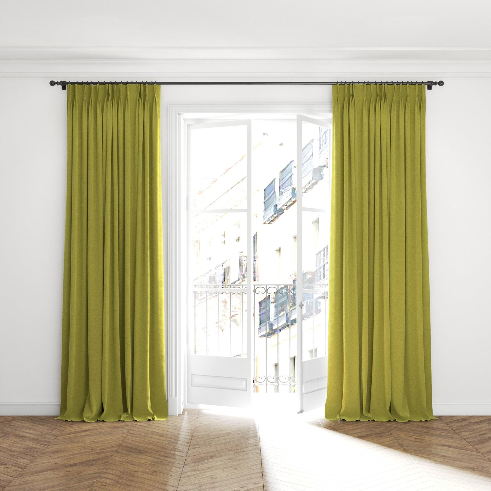 Full view of Moon Moss, puddled with pinch pleat, on curtain rod