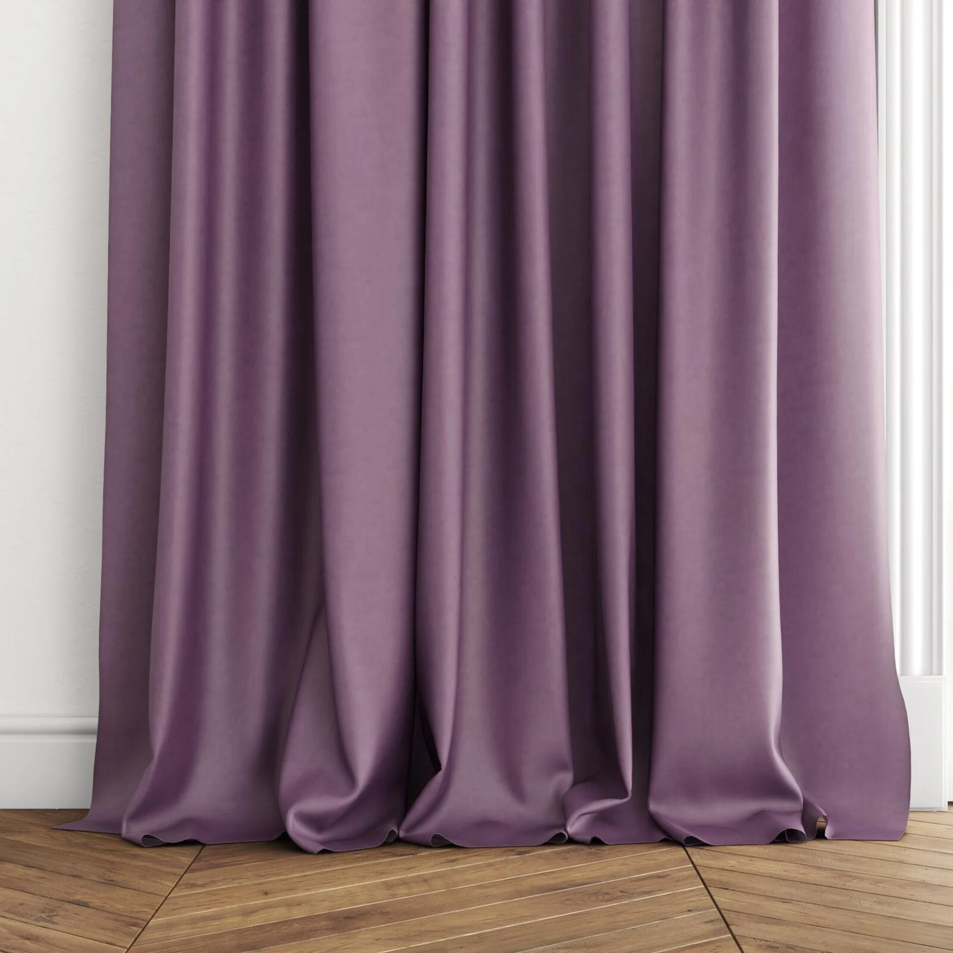 Bottom view of Flo II Grape, puddled with pinch pleat, on curtain rod