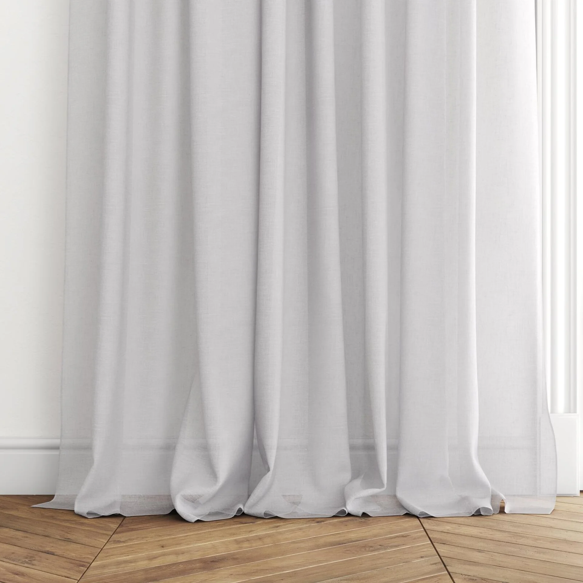 Bottom view of Cirrus Silver, puddled with pinch pleat, on curtain rod
