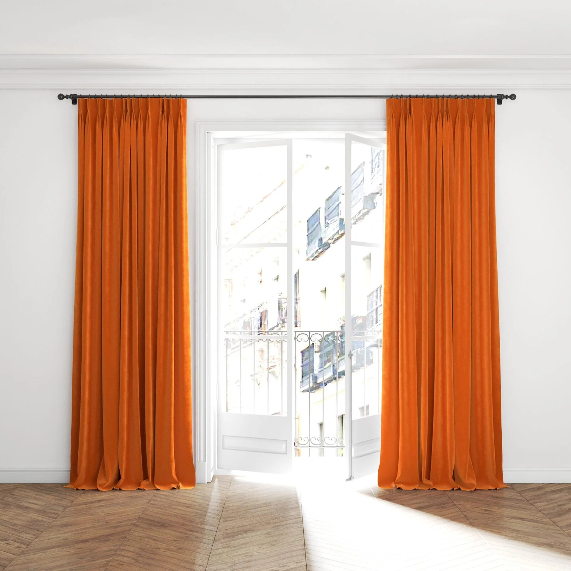 Full view of Lux Velvet Orange 8906, puddled with pinch pleat, on curtain rod