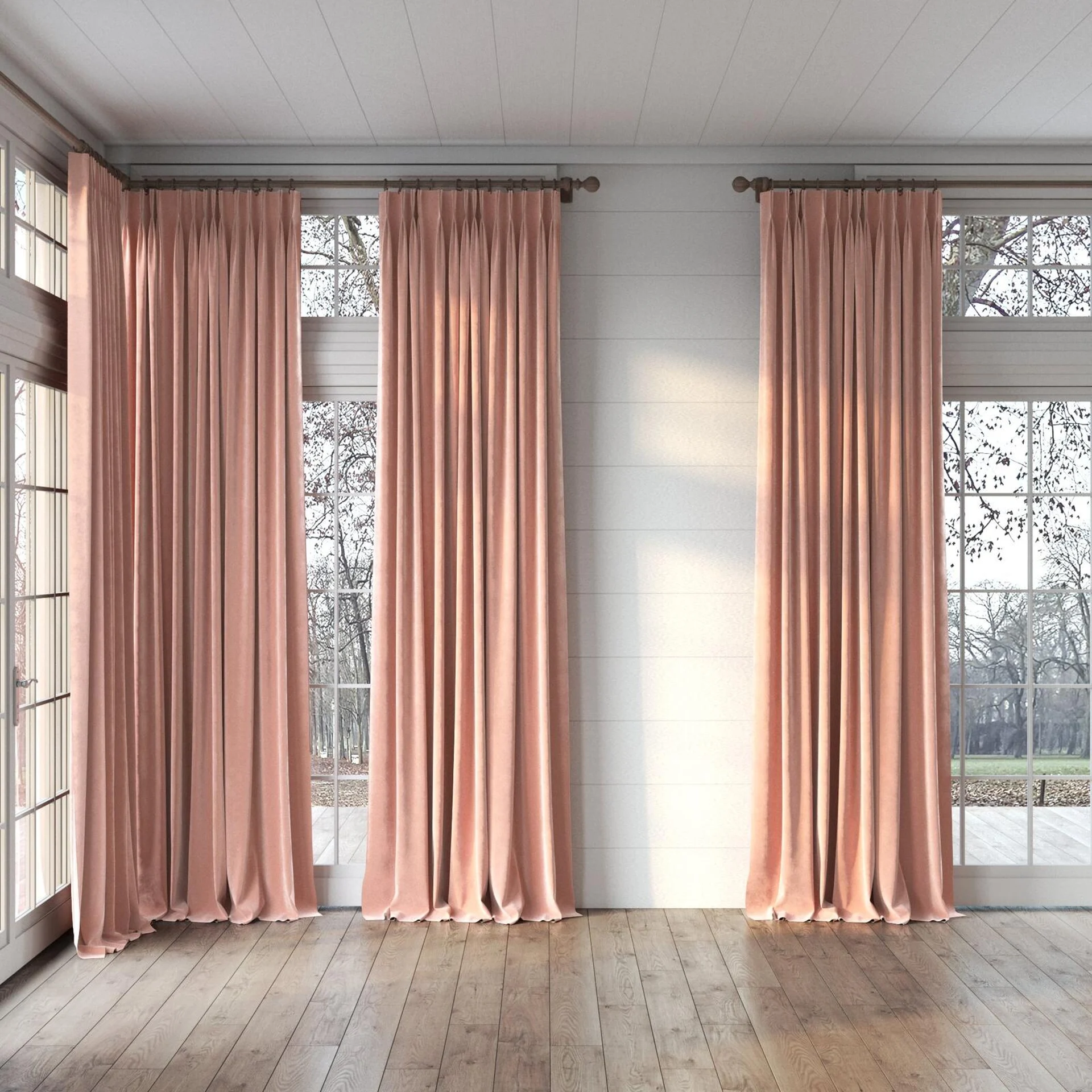 Full view of Lux Velvet Pink 8506, puddled, on curtain rod