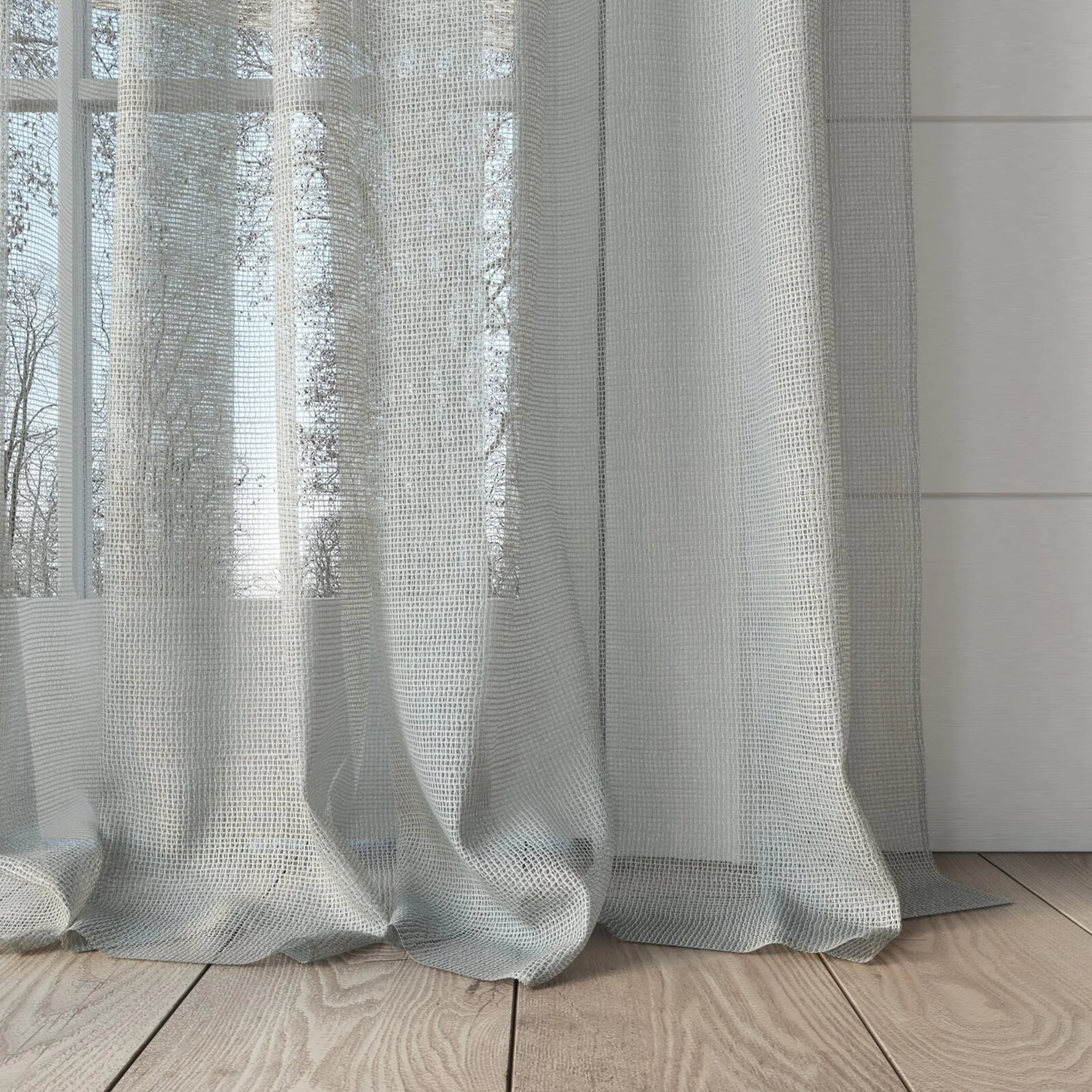 Bottom view of Radiant Rattan, puddled, on curtain rod