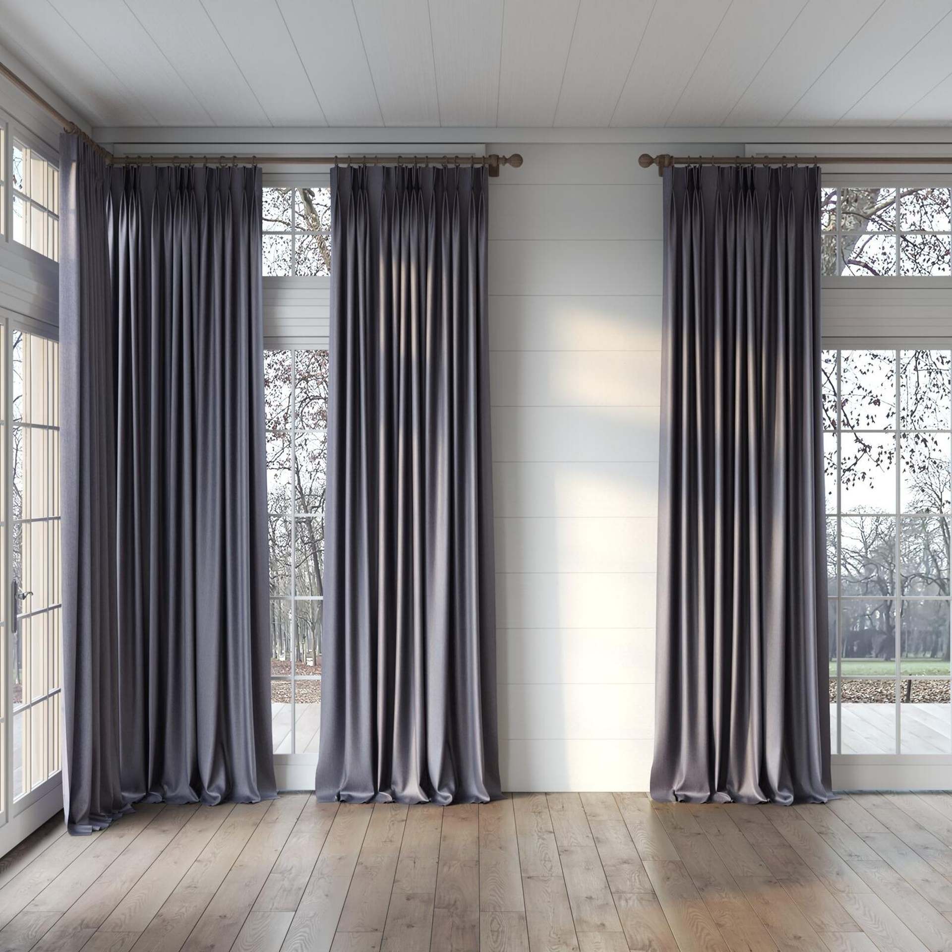 Full view of Bavaria Plum, puddled, on curtain rod